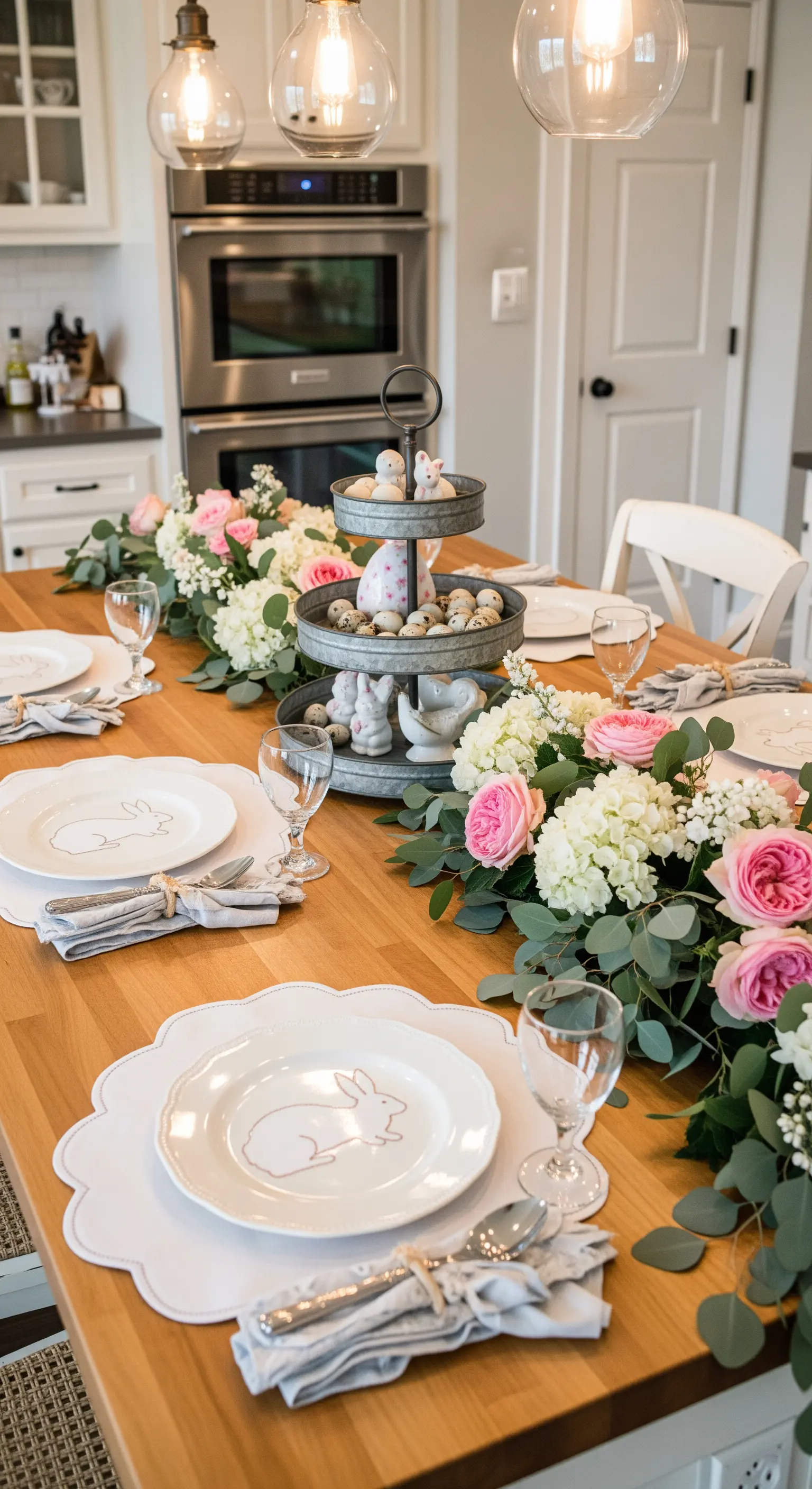Centrotavola pasquale su un'alzata a tre piani in metallo, circondata da rose rosa e ortensie bianche.