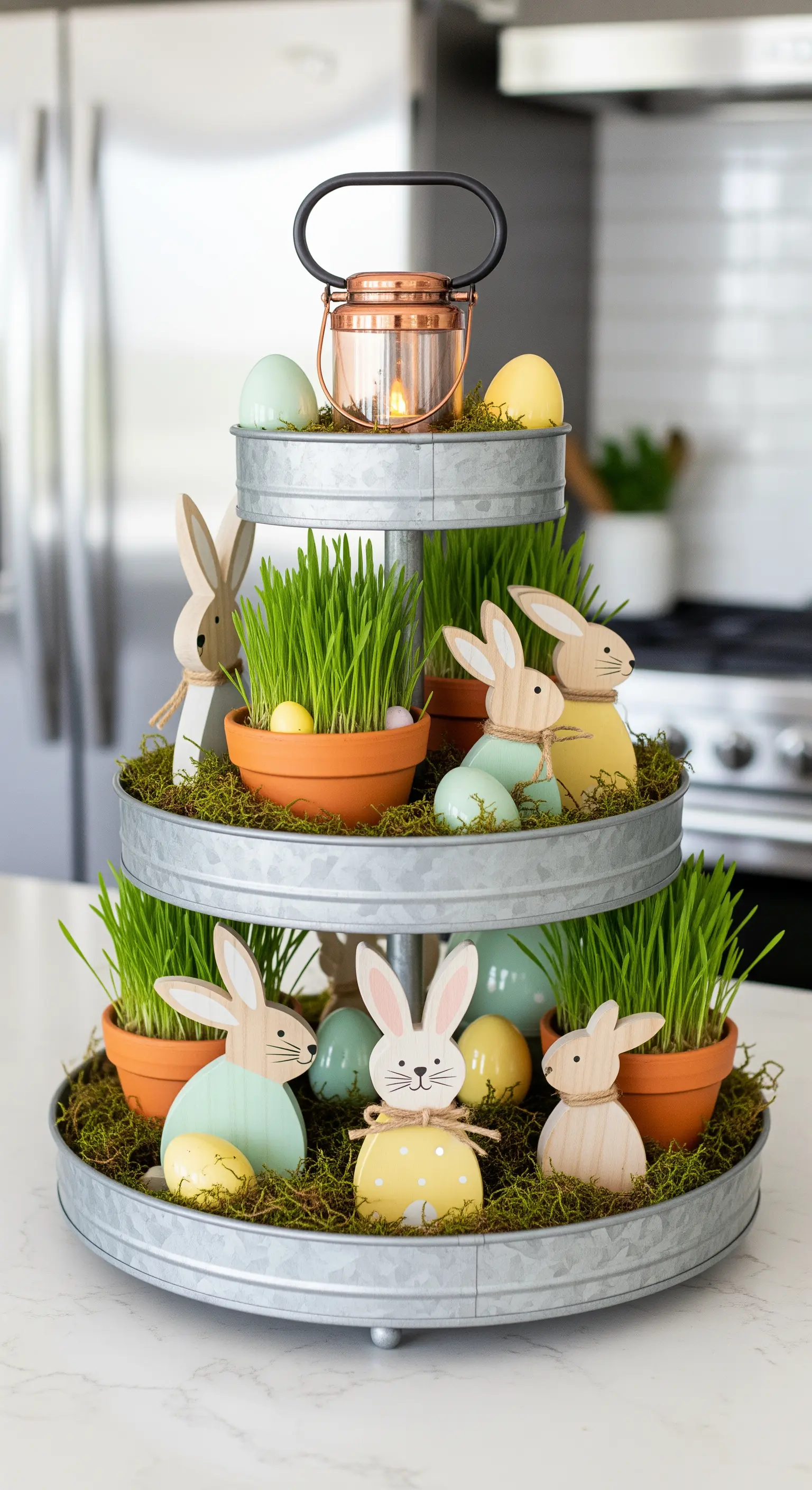 Alzata a tre piani in metallo con coniglietti, uova e vasetti di erba di grano.