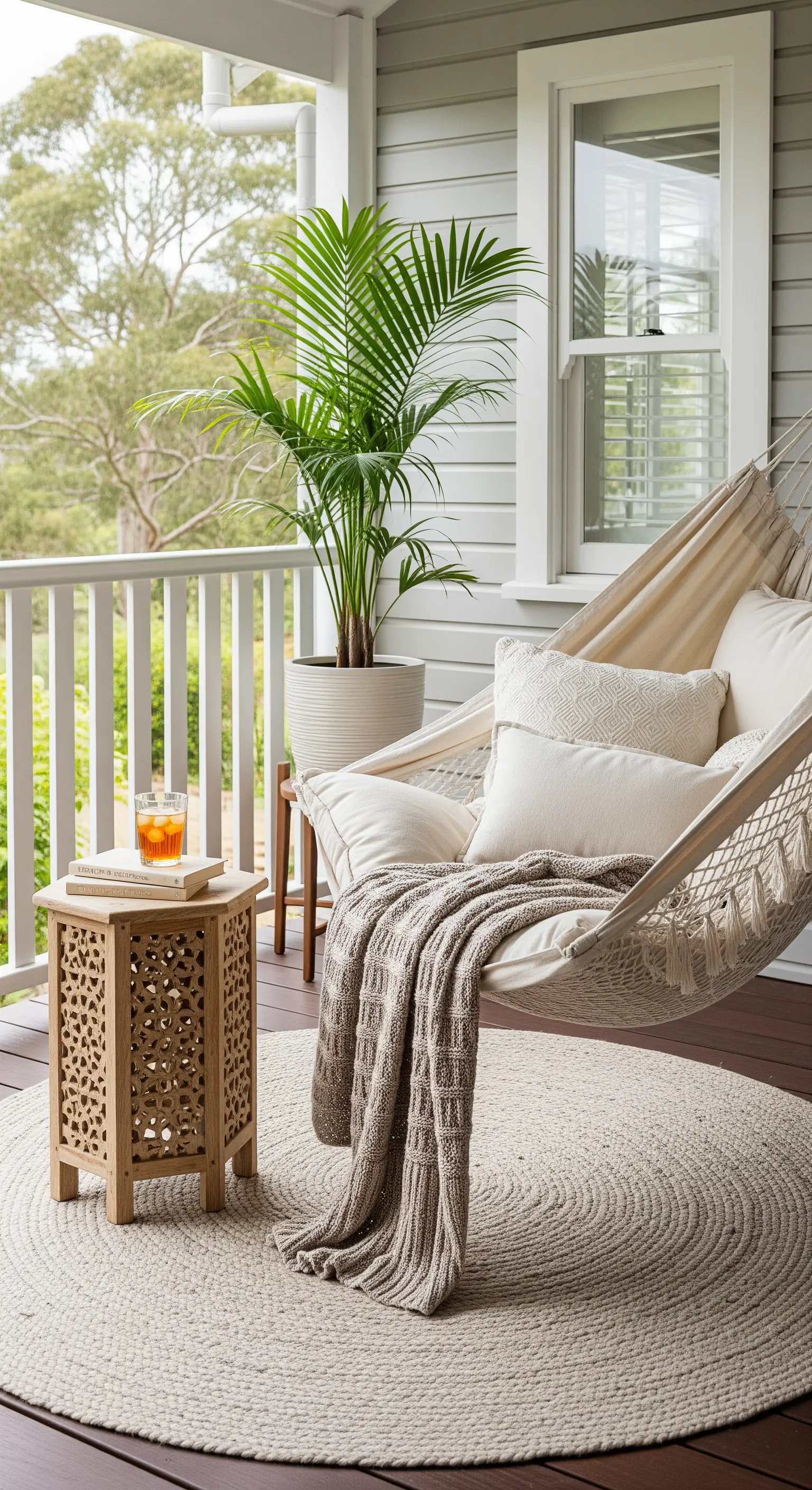 Amaca con cuscini e coperta, tavolino intagliato e tappeto rotondo in iuta.