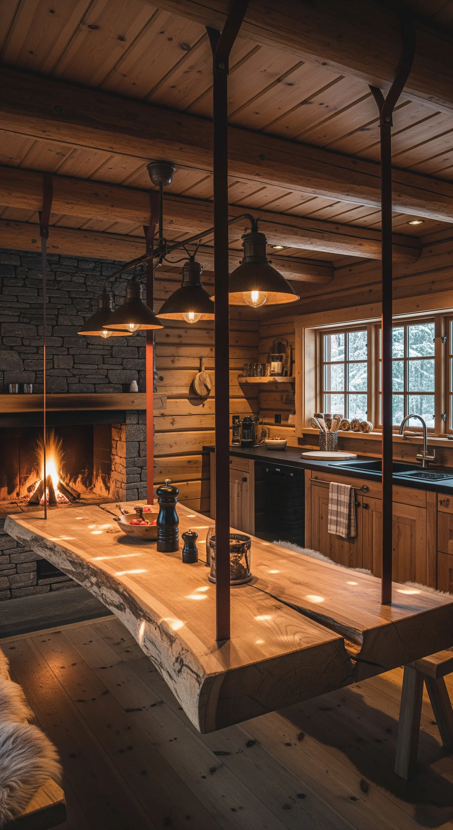 Tavolo in legno massiccio con bordi naturali sospeso in una baita con camino.
