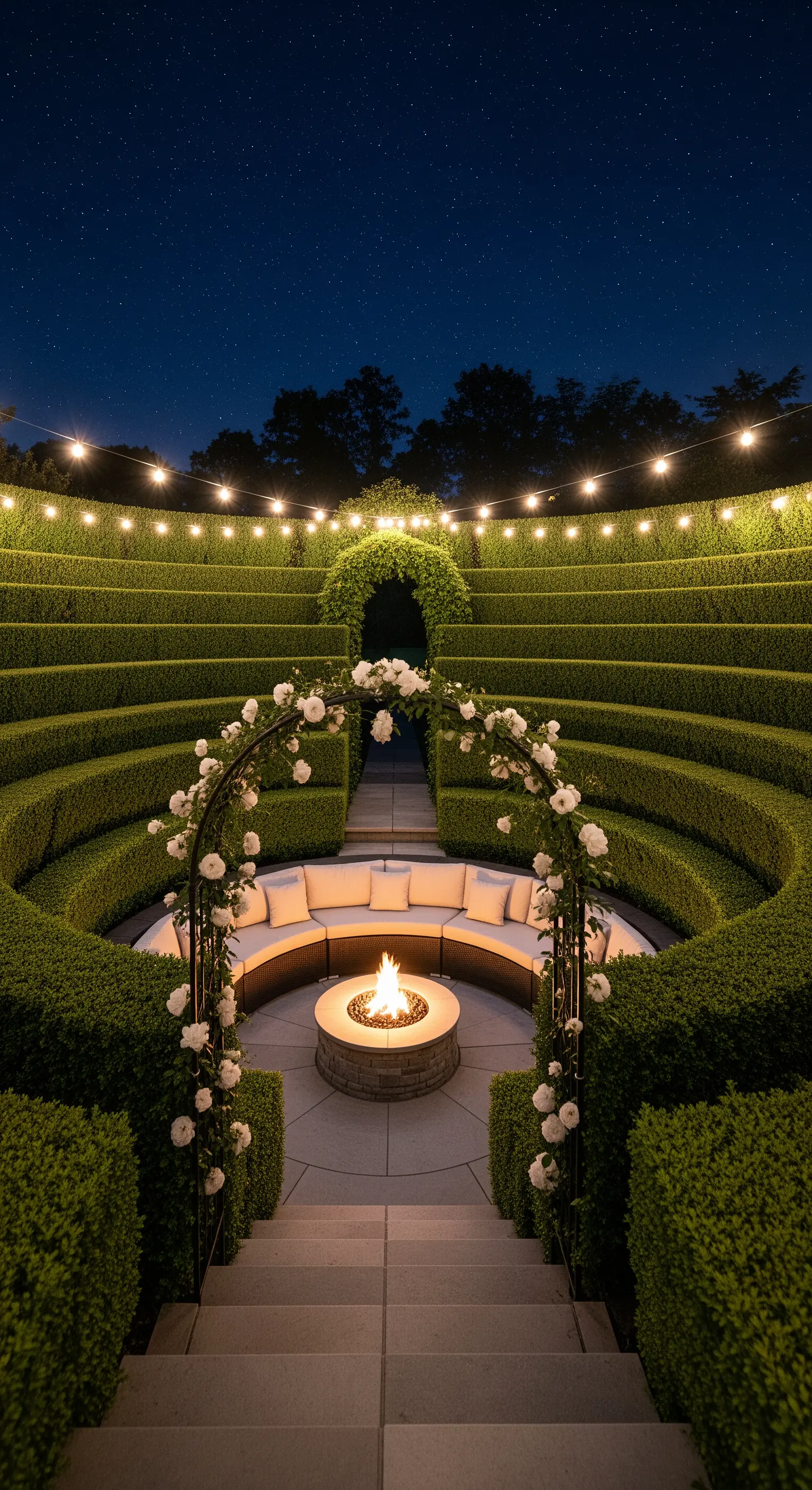 Anfiteatro da giardino con sedute curve, braciere centrale e un arco di rose bianche.