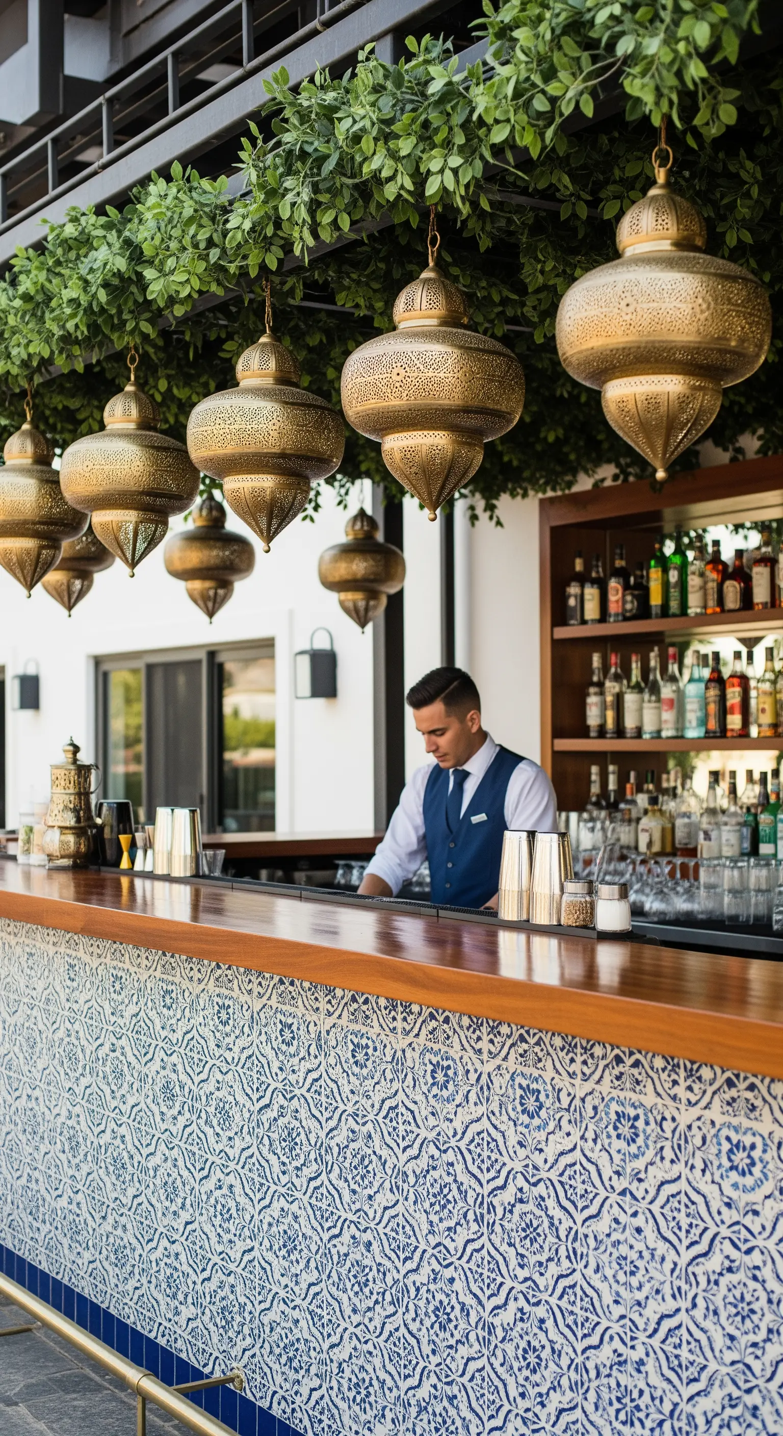 Angolo bar con bancone rivestito di maioliche e grandi lanterne marocchine dorate sospese
