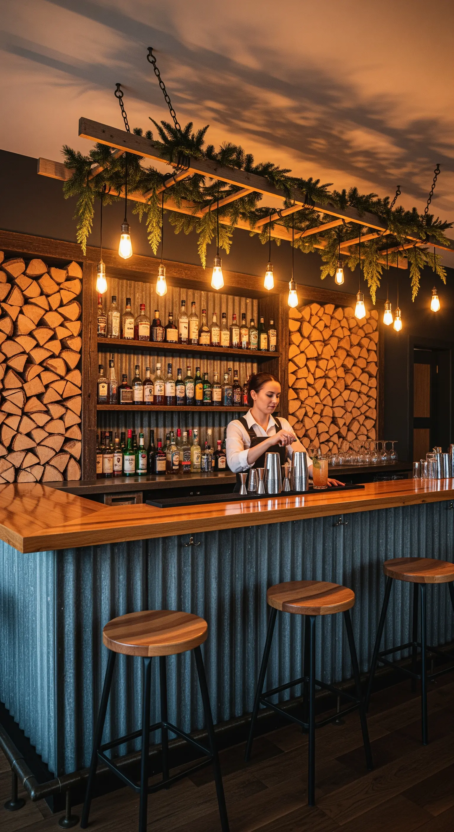 Bar in stile baita con bancone in metallo, pareti di legna e lampadine a filamento sospese.