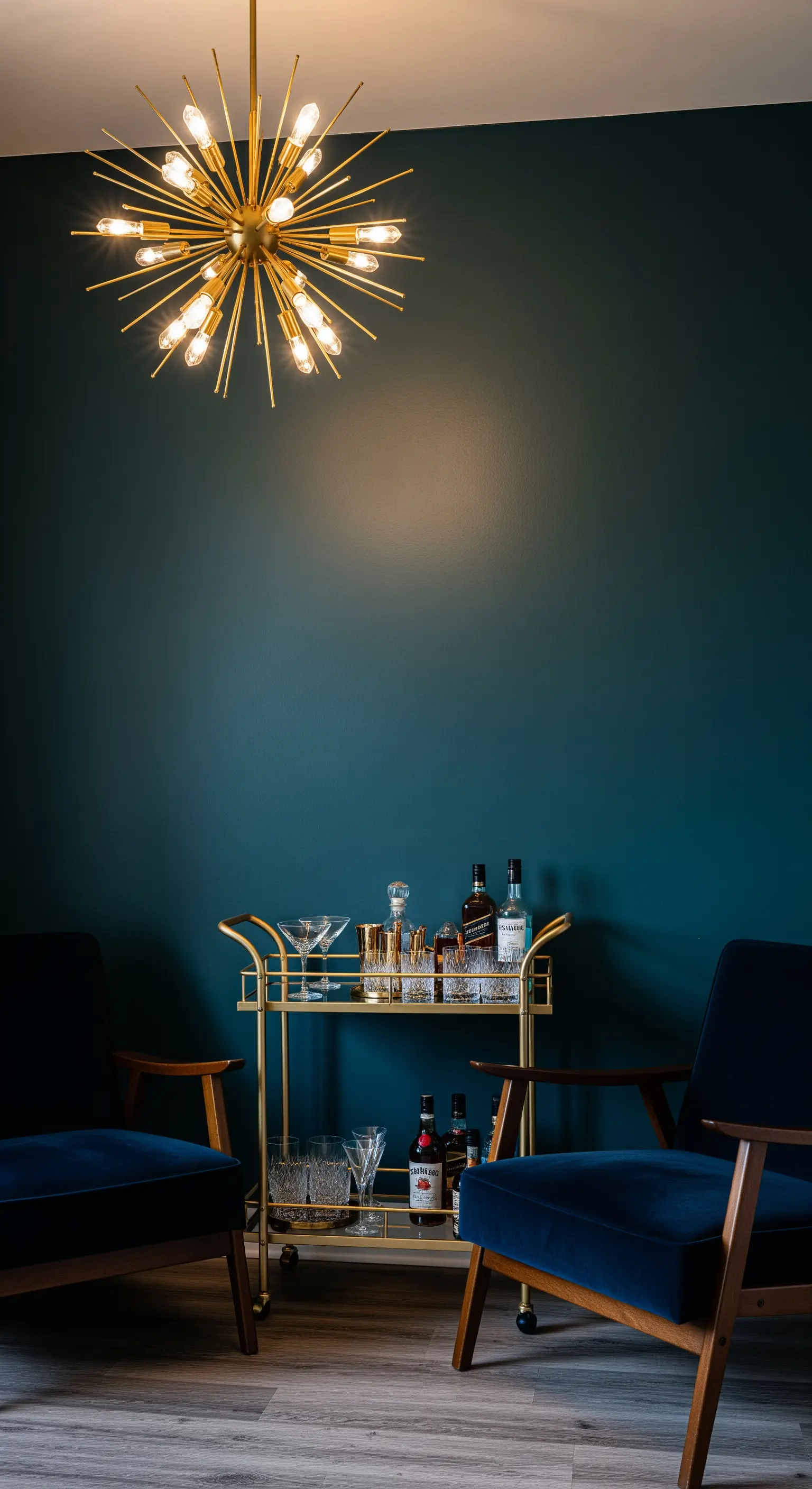 Angolo bar con carrello dorato, poltrone in velluto blu e lampadario Sputnik.