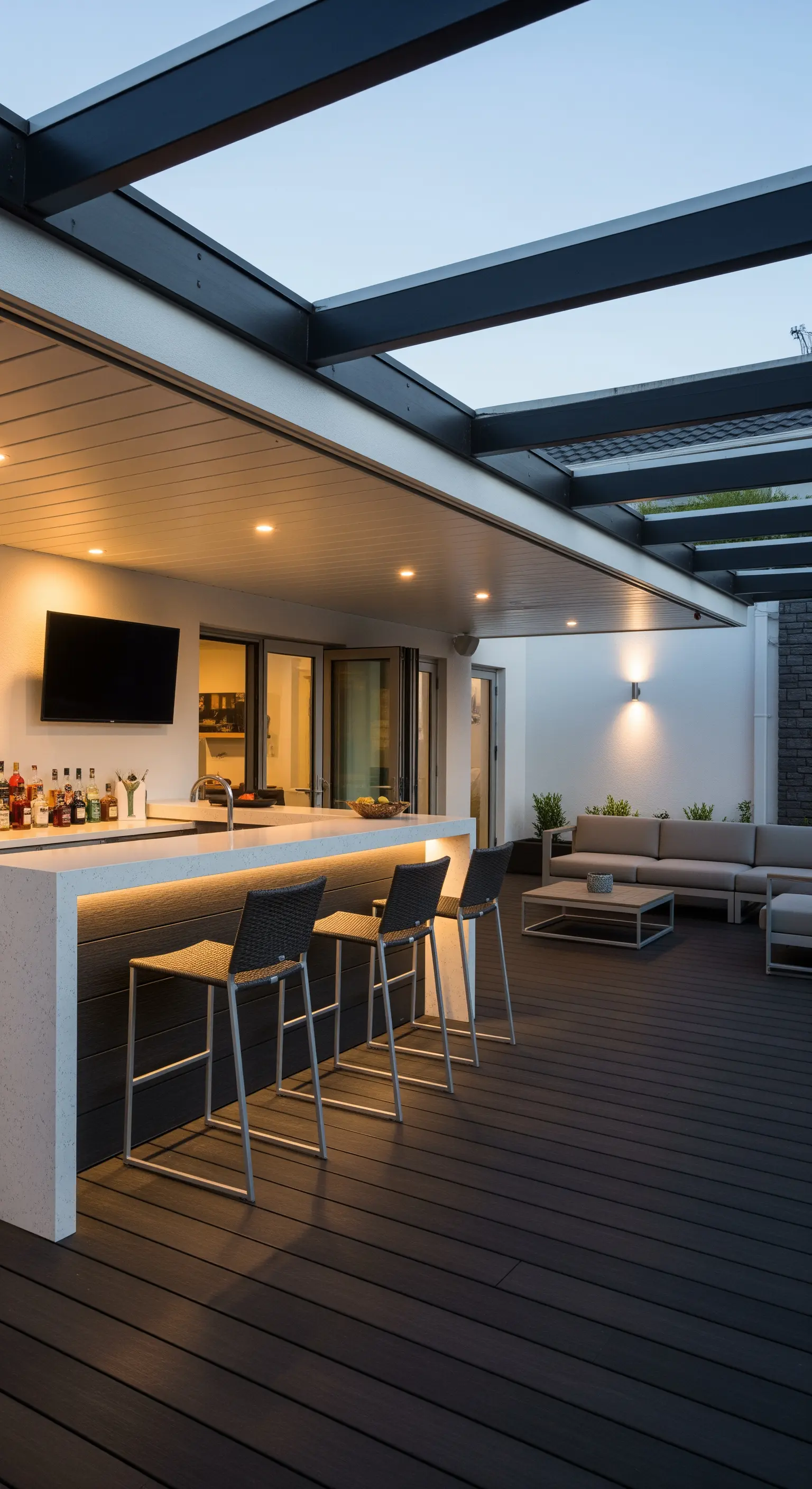 Patio con angolo bar, bancone bianco illuminato da sotto e sgabelli alti.