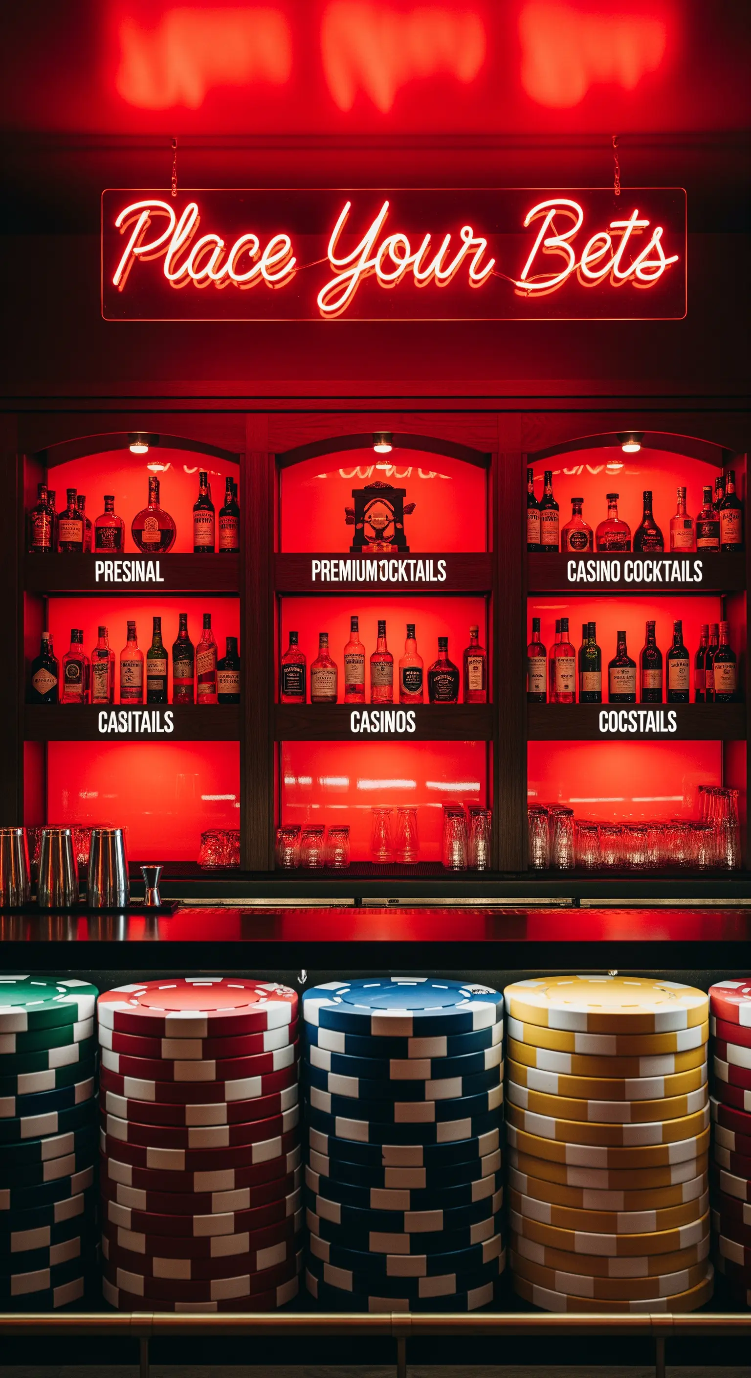 Cocktail bar a tema casinò con insegna al neon e sgabelli a forma di fiches giganti.