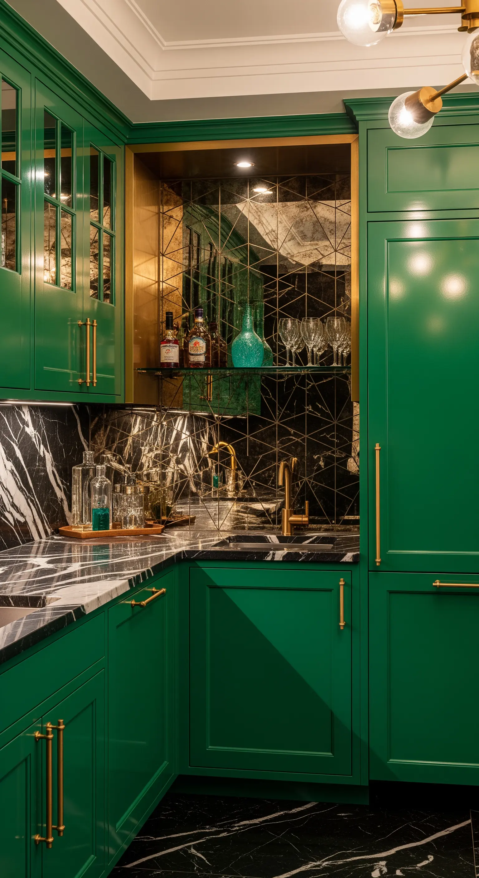 Angolo bar in una cucina verde smeraldo con paraschizzi a specchio geometrico.