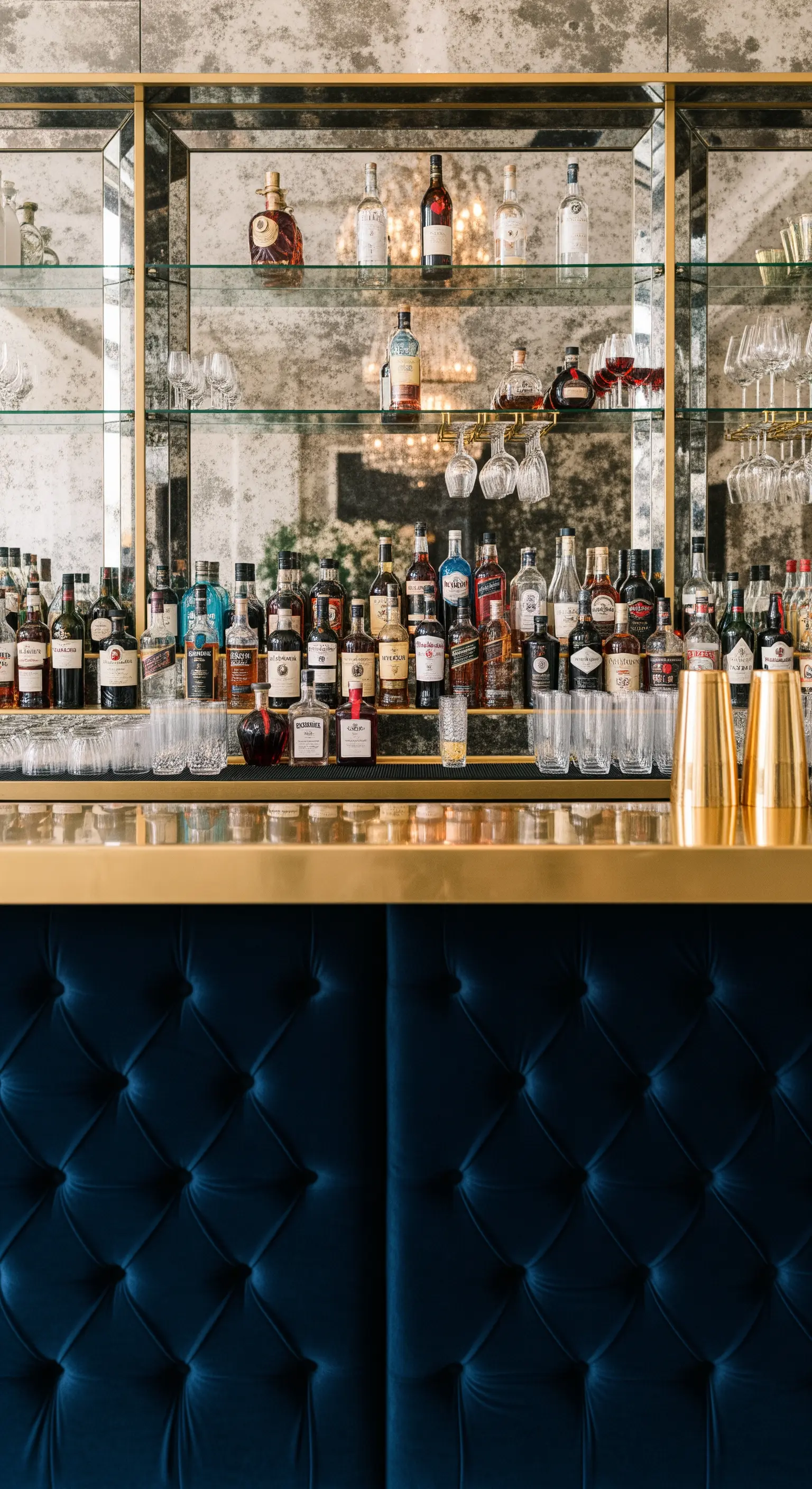Angolo bar con bancone in velluto blu capitonné, top dorato e scaffalatura a specchio.