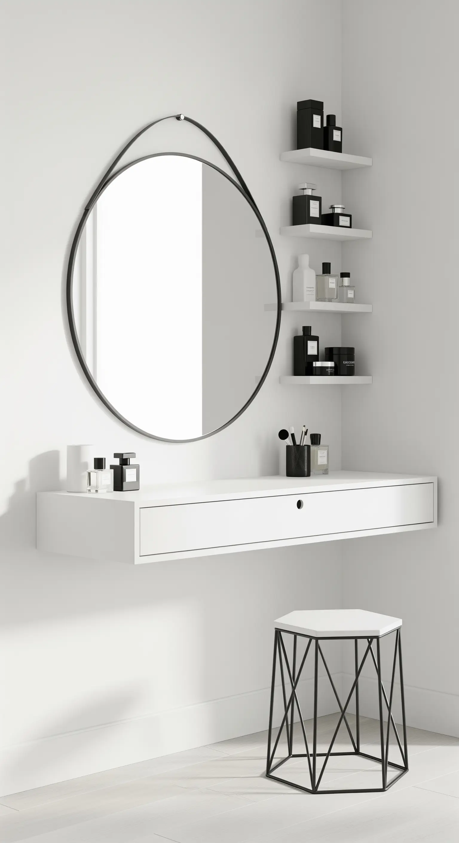 Angolo beauty minimal con consolle sospesa bianca, specchio rotondo e sgabello geometrico.