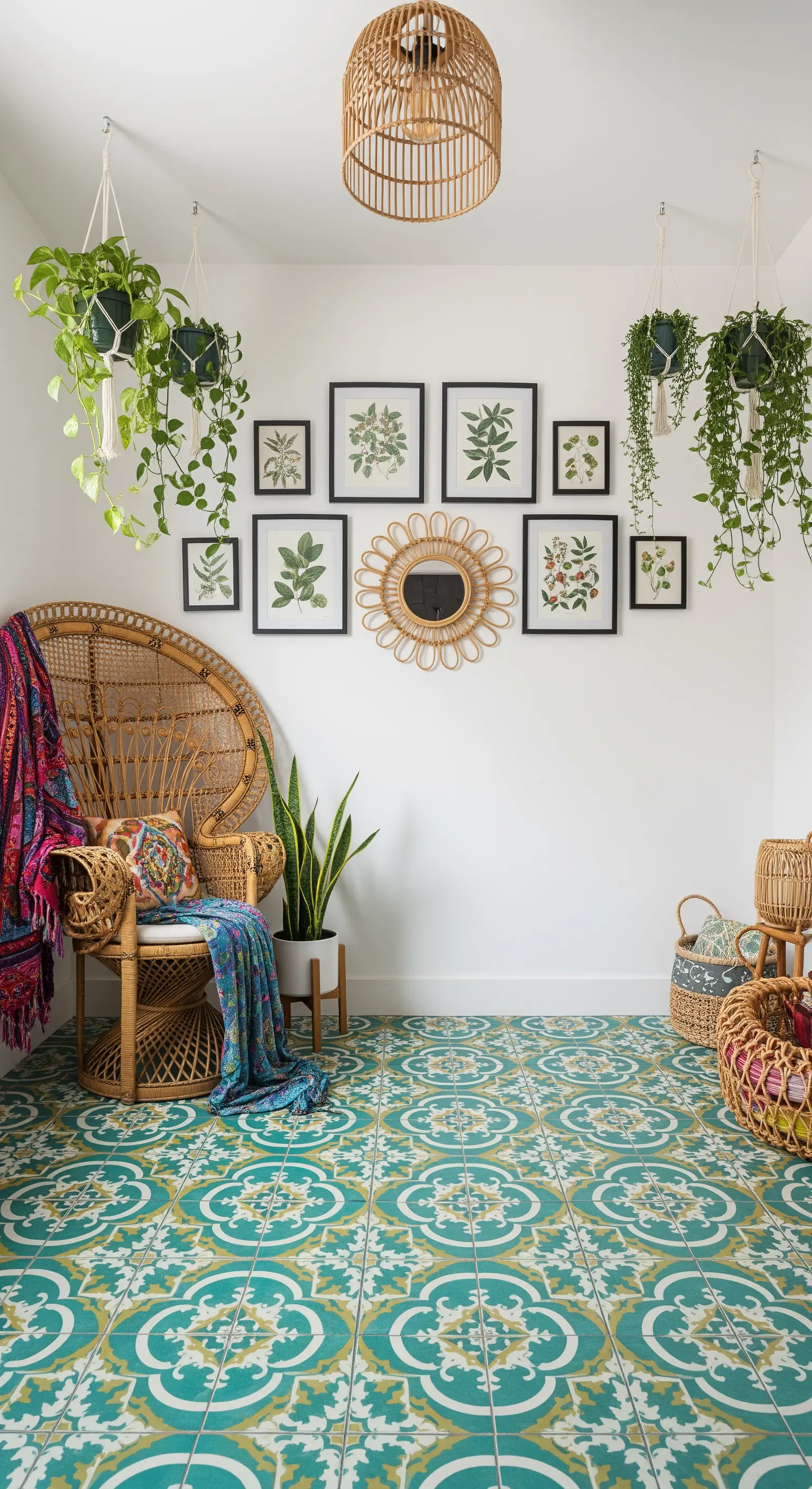 Angolo bohémien con sedia pavone, piante pensili e pavimento con cementine decorate.