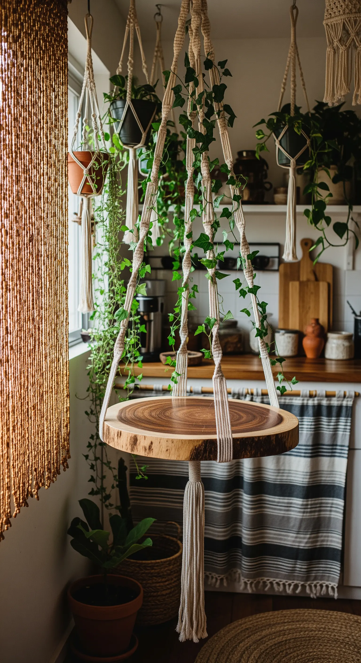Tavolino rotondo in legno sospeso con corde in macramé e circondato da piante.
