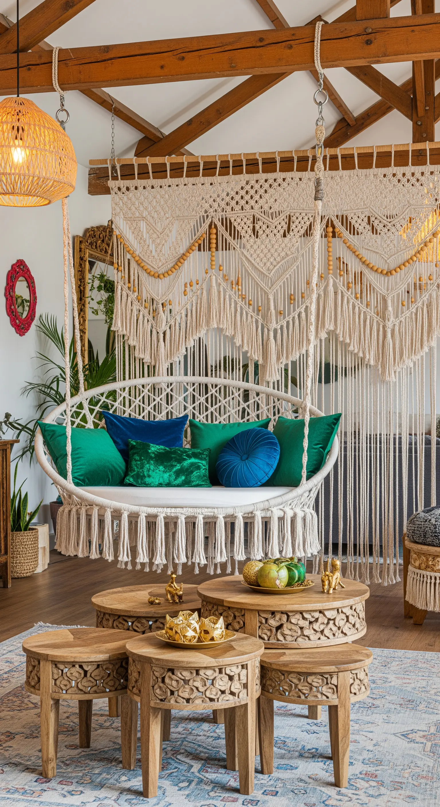 Poltrona sospesa in stile boho con cuscini color smeraldo e tavolini in legno intagliato.