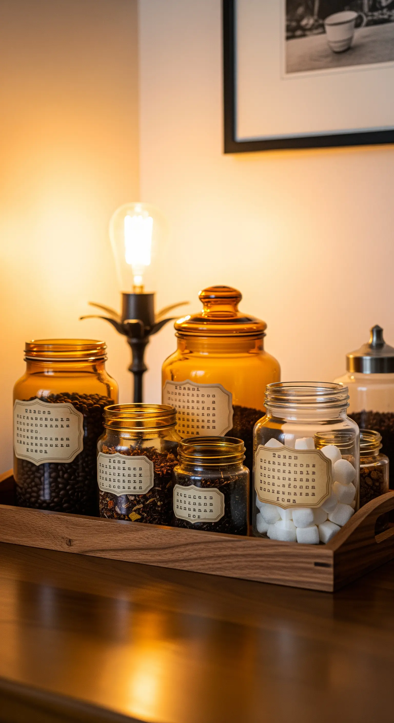 Vassoio in legno con barattoli di vetro ambrato per caffè, tè e zucchero.