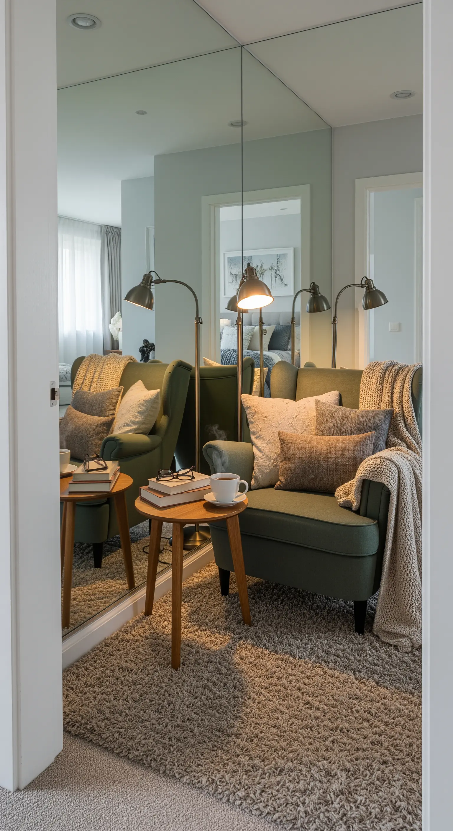 Angolo lettura con poltrona verde interamente rivestito di pannelli a specchio senza cornice.