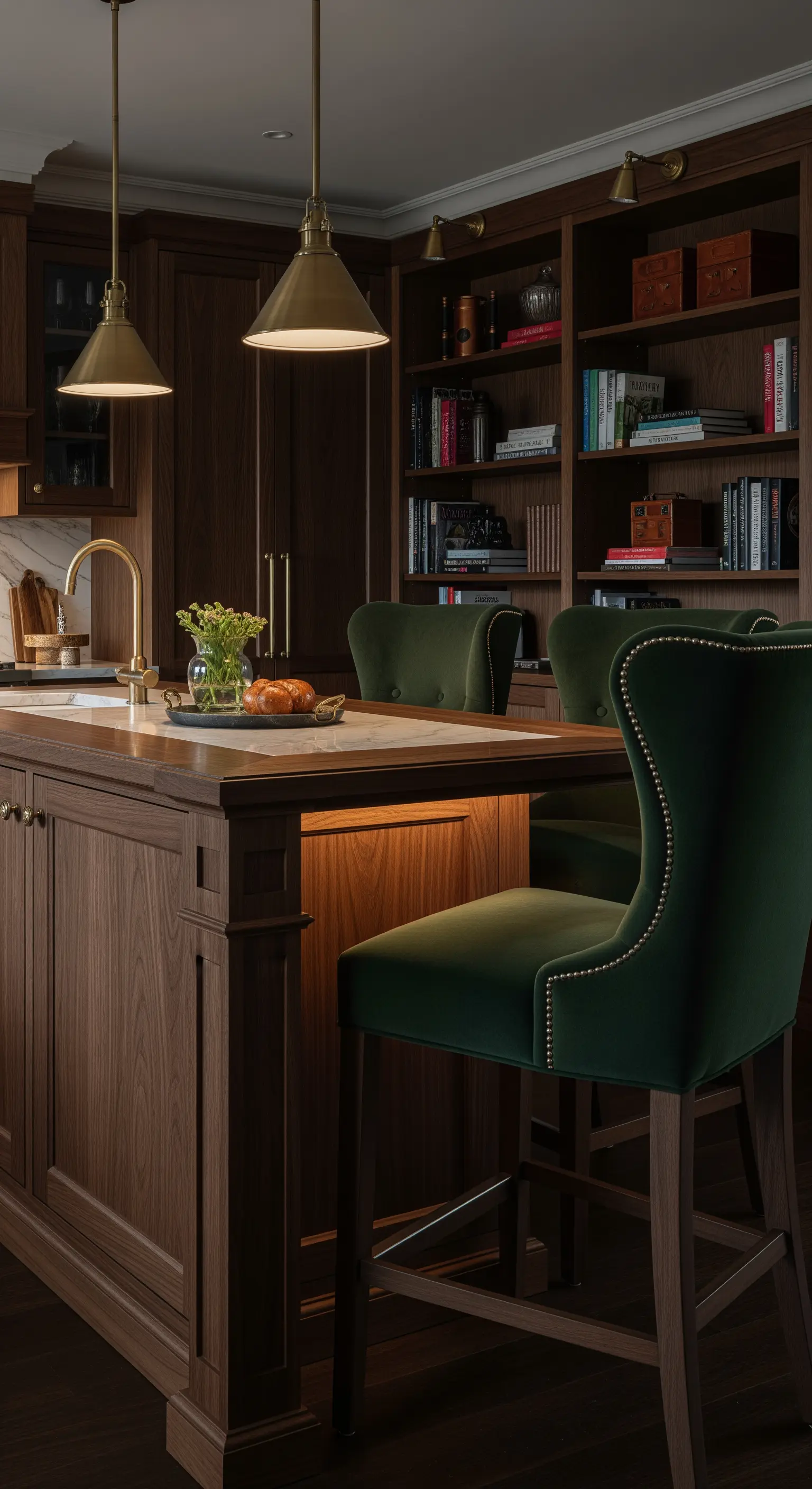 Cucina elegante in legno di noce con libreria integrata e sgabelli in velluto verde scuro