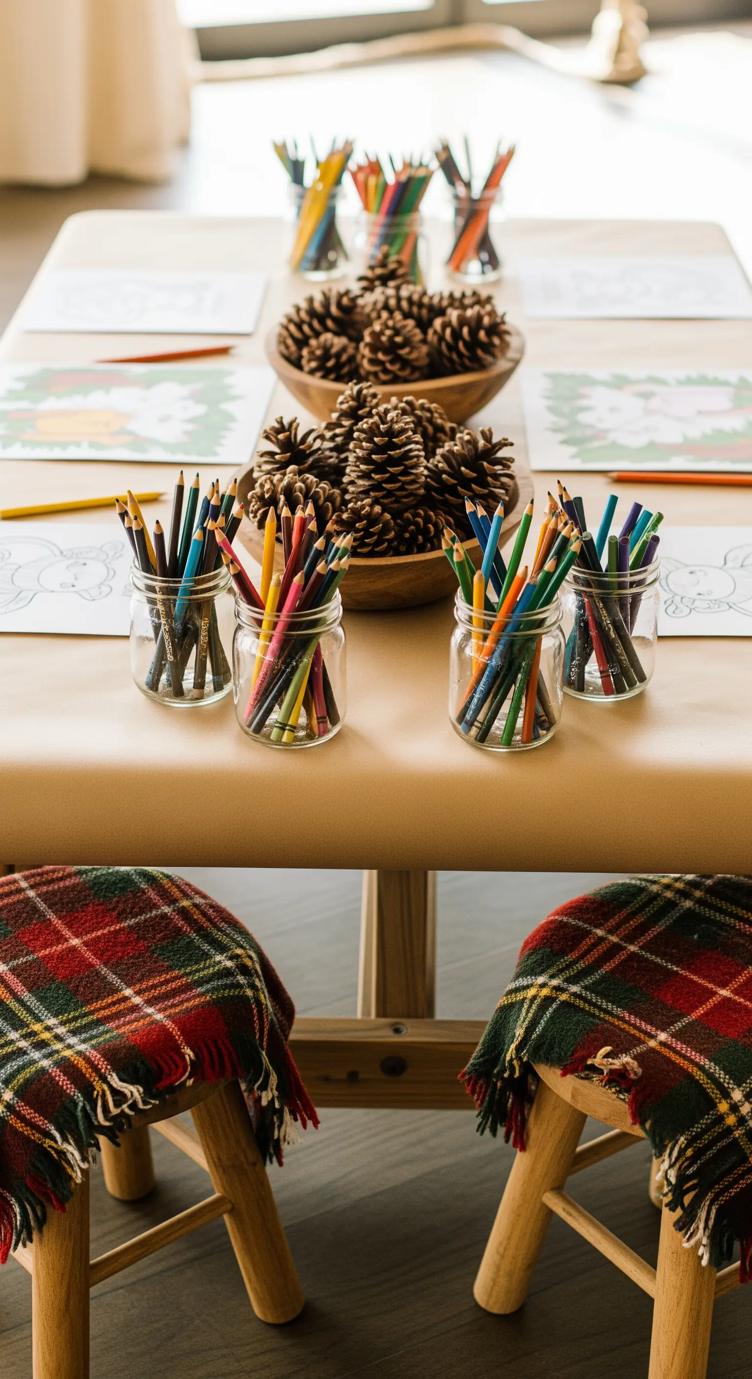 Tavolo per bambini coperto con carta da pacchi, con barattoli di matite colorate e pigne.