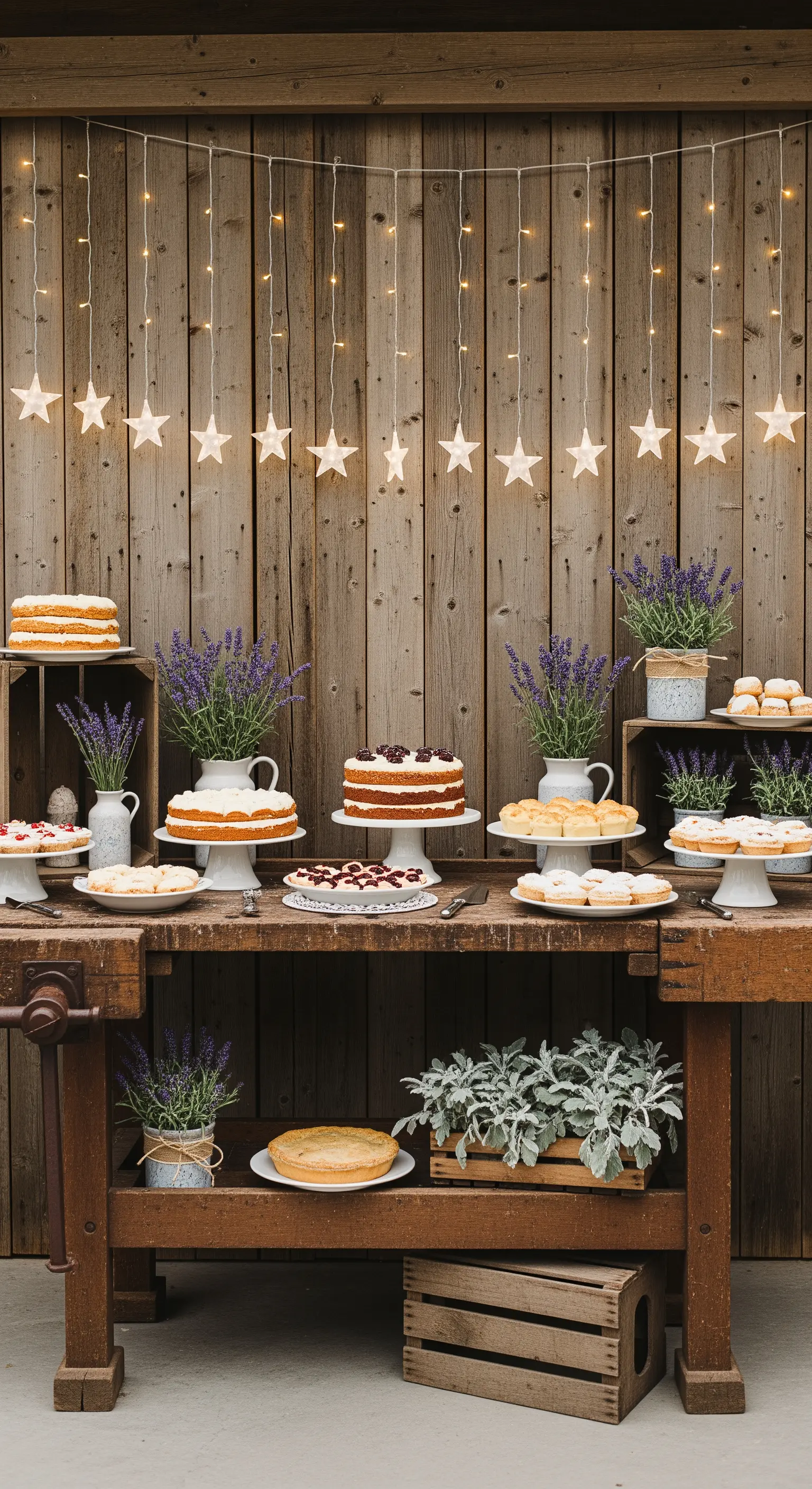 Buffet di dolci rustico con lavanda e una cascata di lucine a forma di stella.