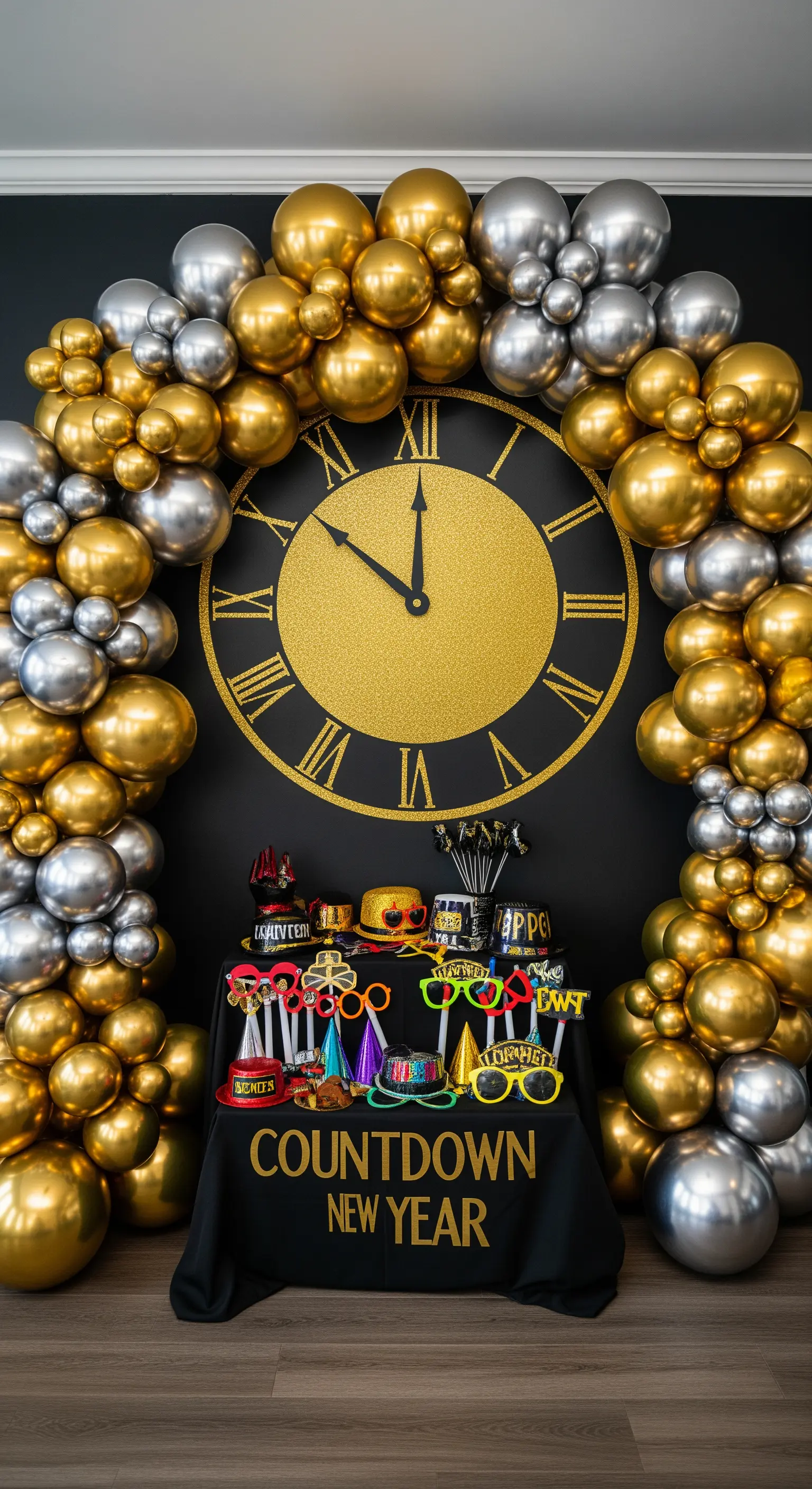 Angolo photobooth con grande orologio, arco di palloncini oro e argento, e accessori.