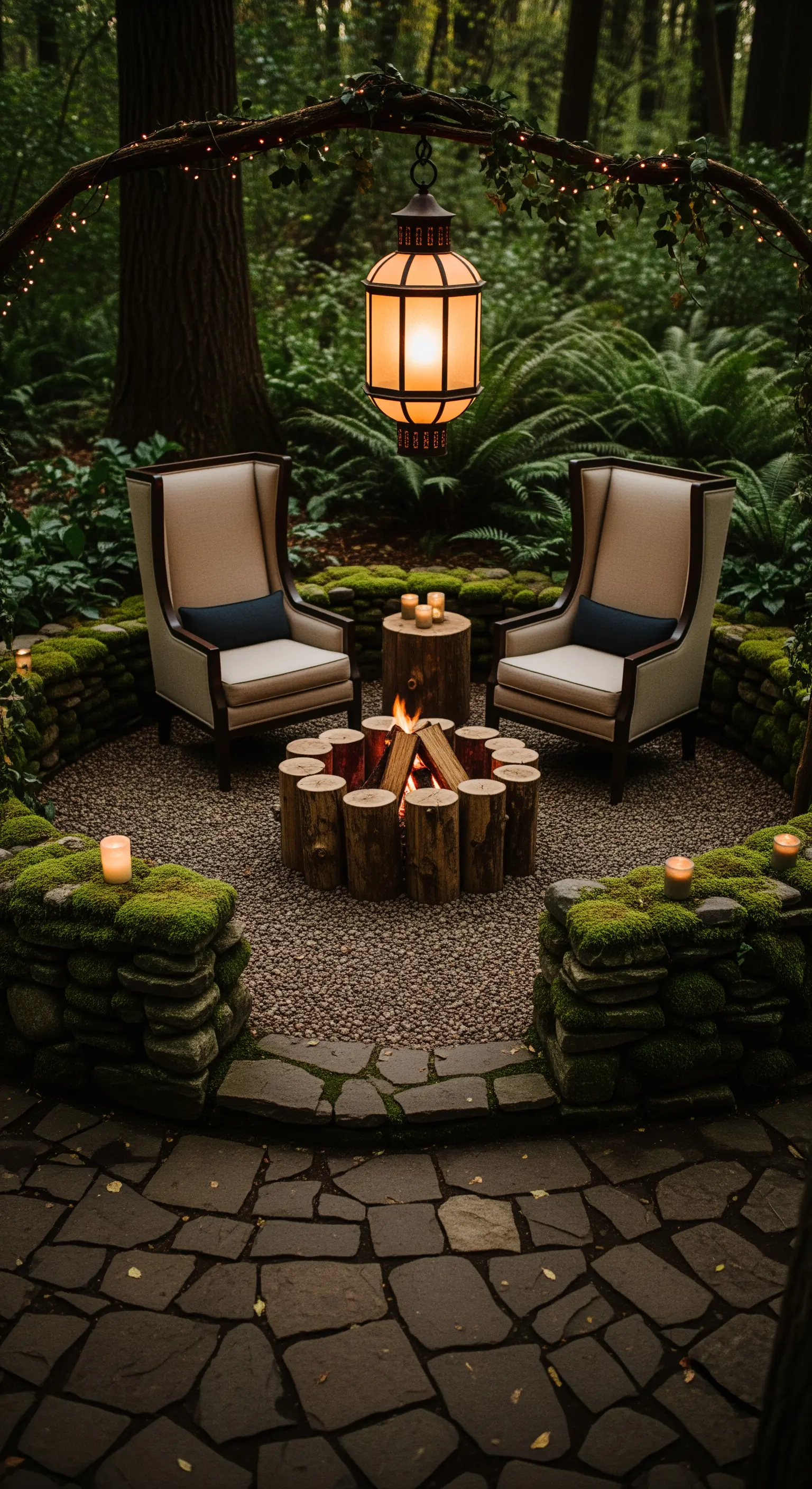 Angolo relax nel bosco con braciere, poltrone e un muretto di pietre e muschio.