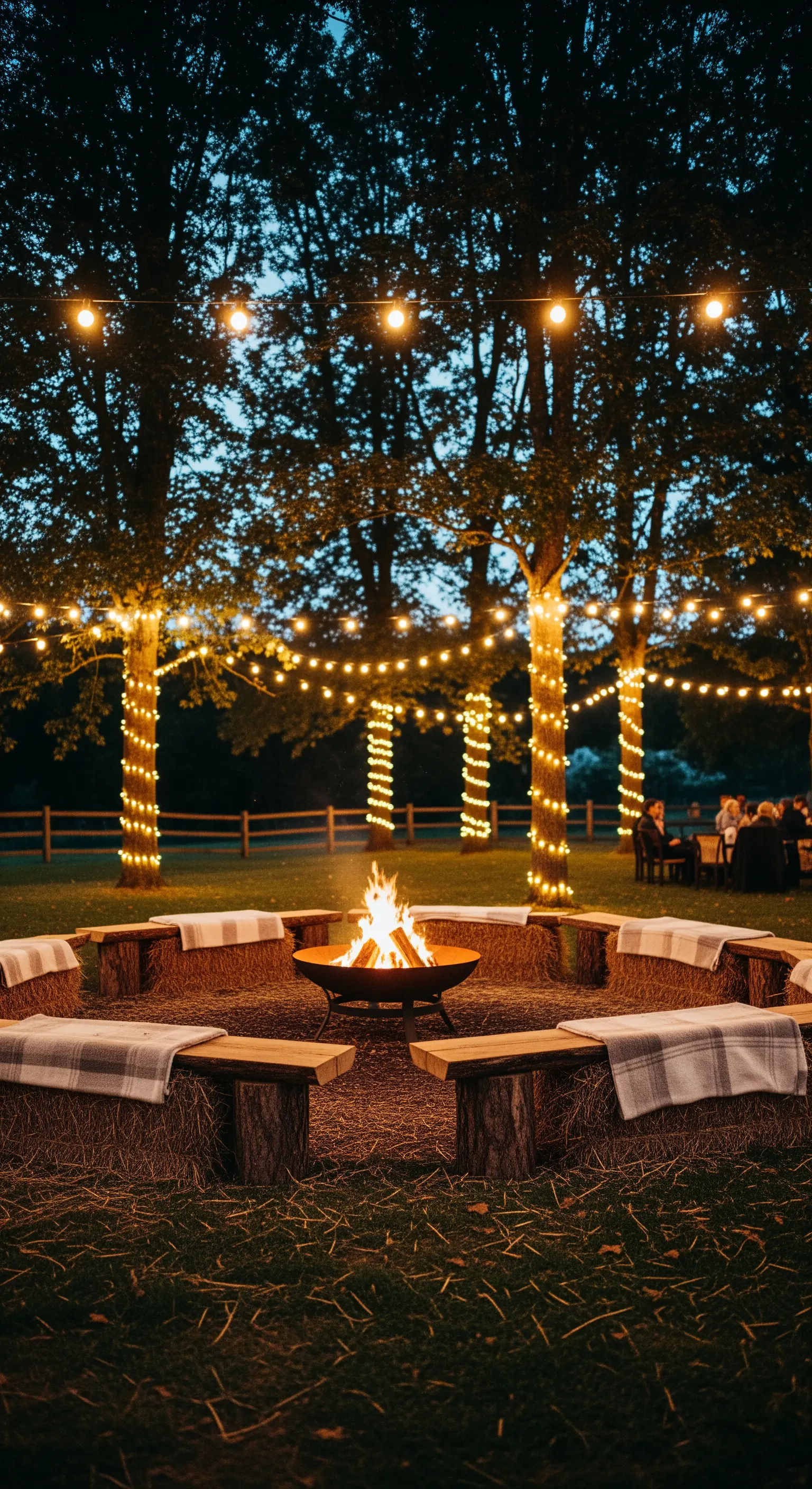 Braciere acceso circondato da balle di fieno coperte da plaid usate come panche.