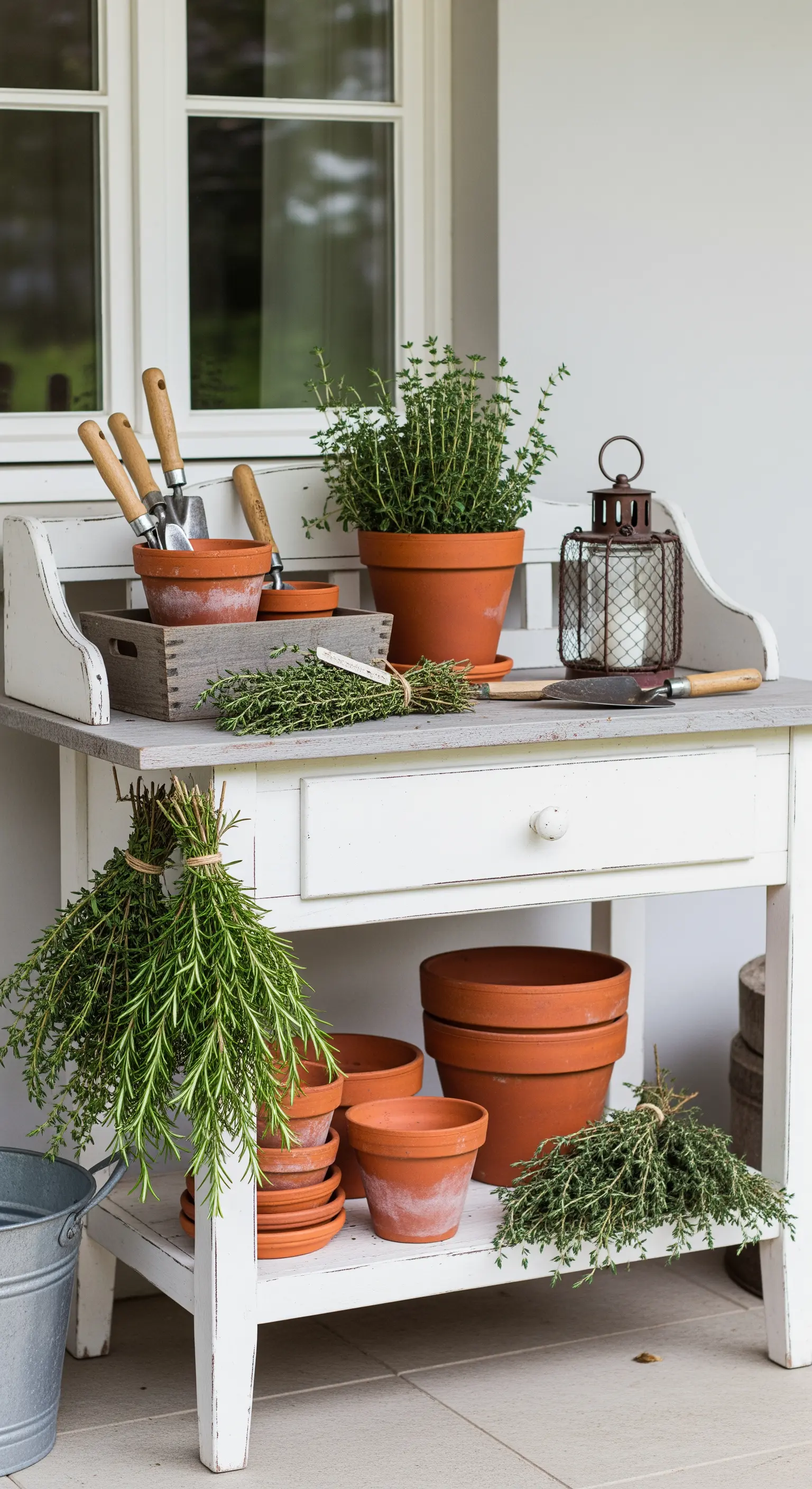 Banco da giardinaggio bianco con vasi in terracotta, erbe aromatiche e attrezzi.