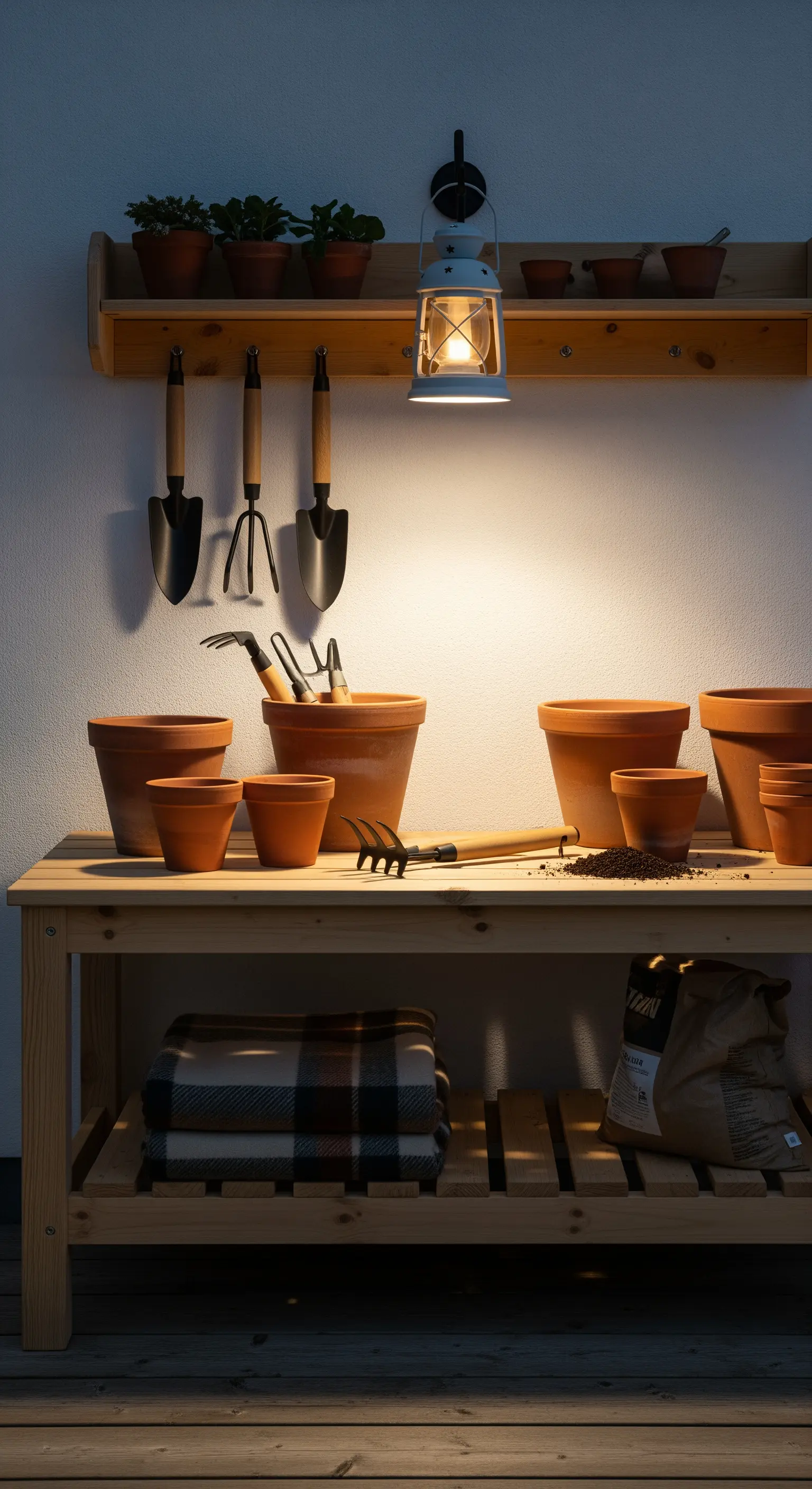 Banco da giardinaggio in legno con vasi in terracotta, attrezzi e una lanterna da lavoro accesa.