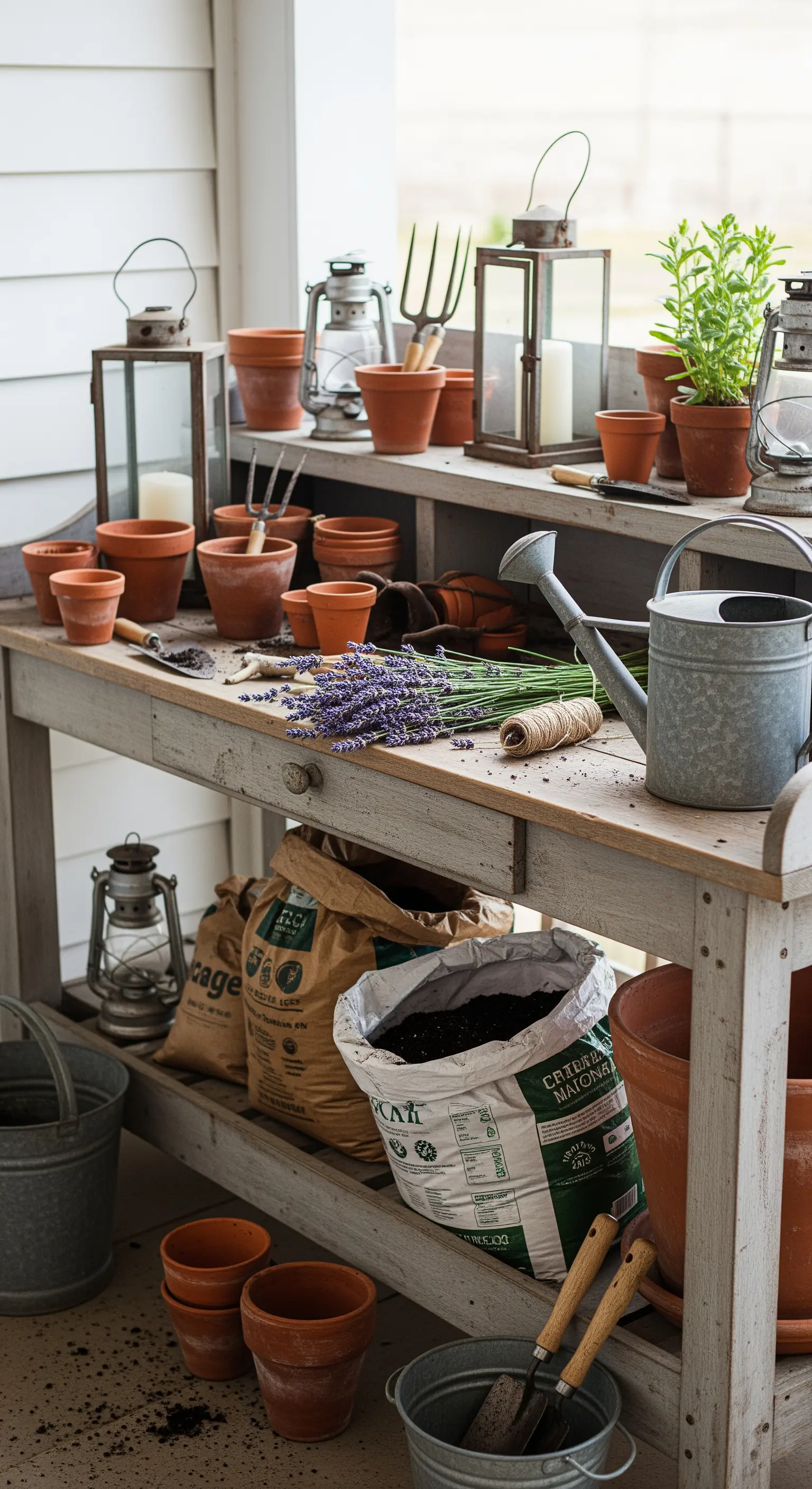 Banco da giardinaggio con vasi di terracotta, attrezzi, sacchi di terra e mazzi di lavanda.