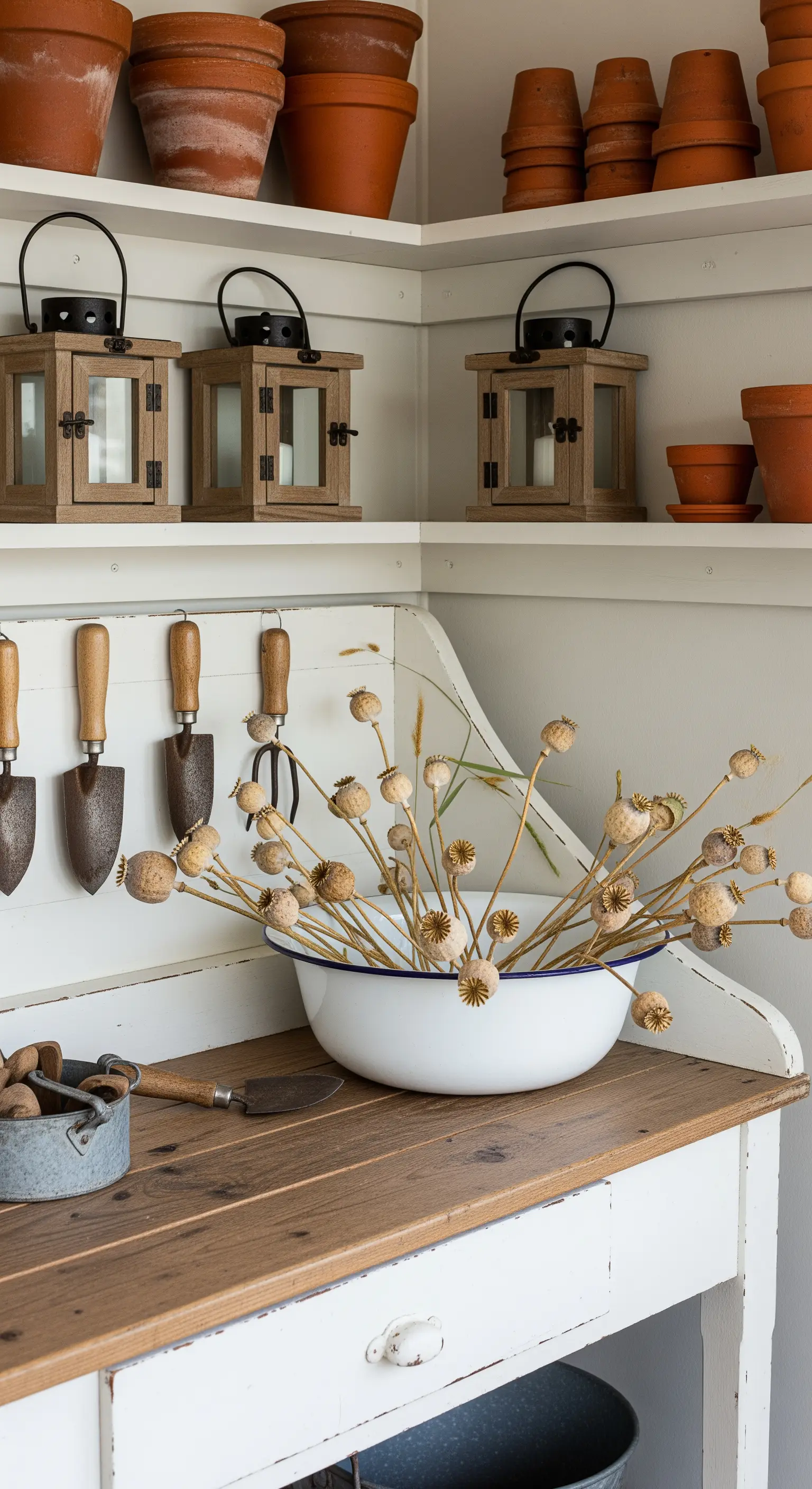 Angolo giardinaggio in veranda con mobile bianco, attrezzi appesi e fiori di papavero secchi.