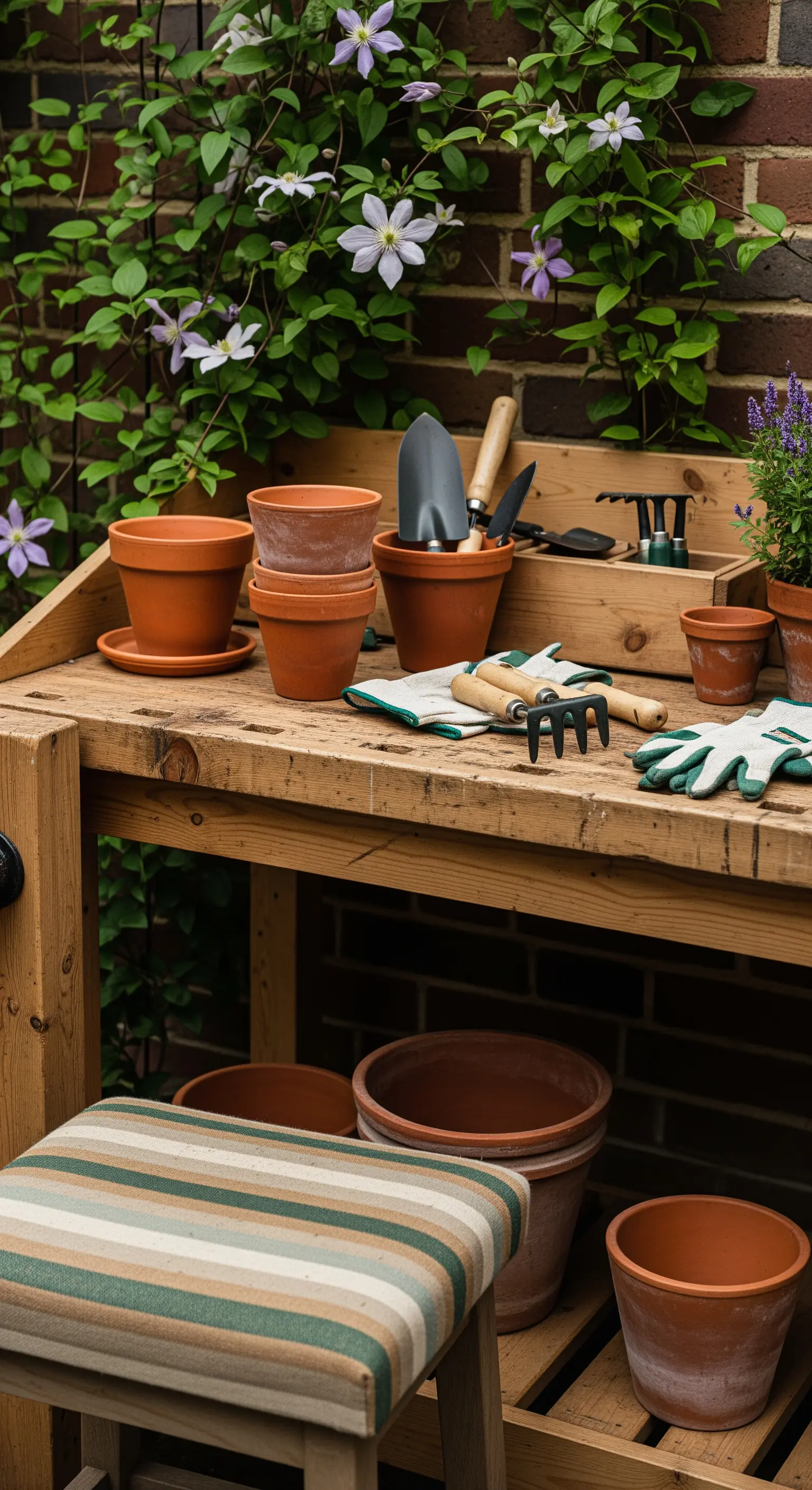 Banco da lavoro per giardinaggio in legno con vasi in terracotta e attrezzi.