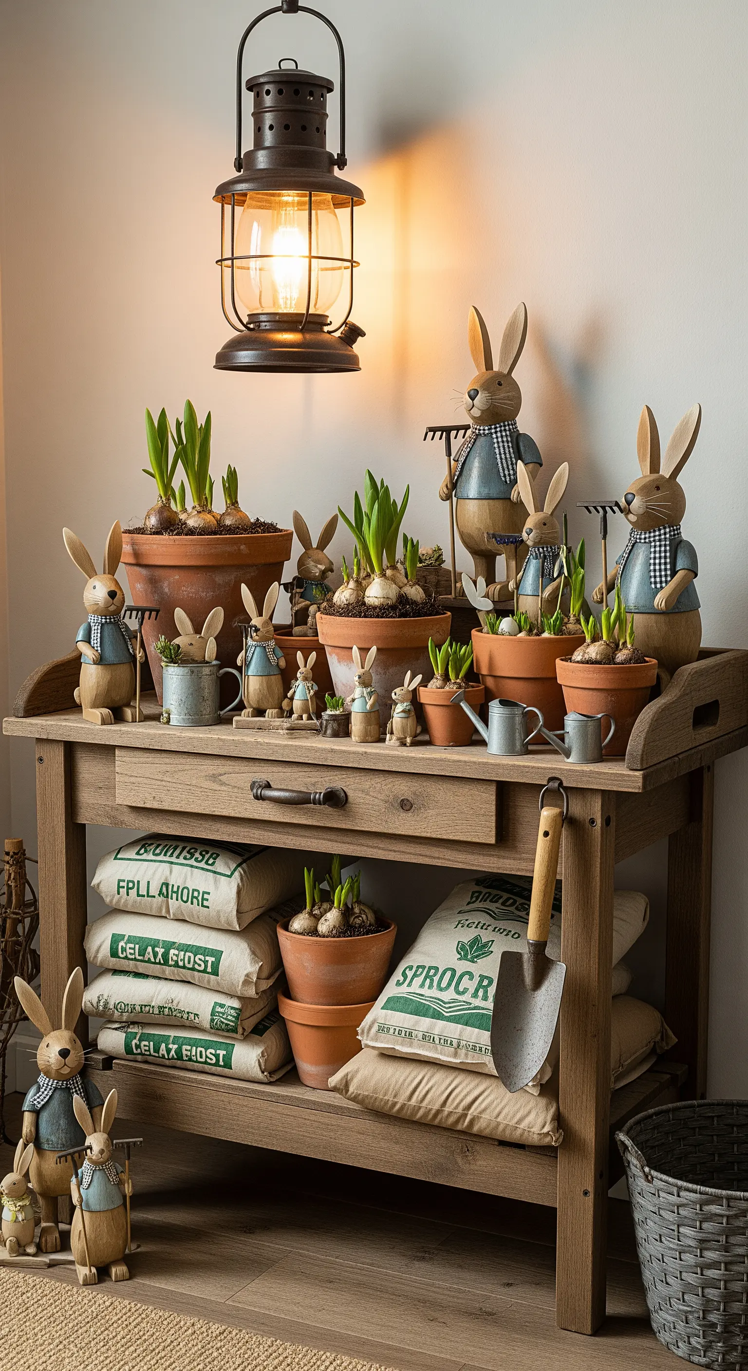 Angolo a tema giardinaggio per Pasqua con conigli, vasi di terracotta e una lanterna.