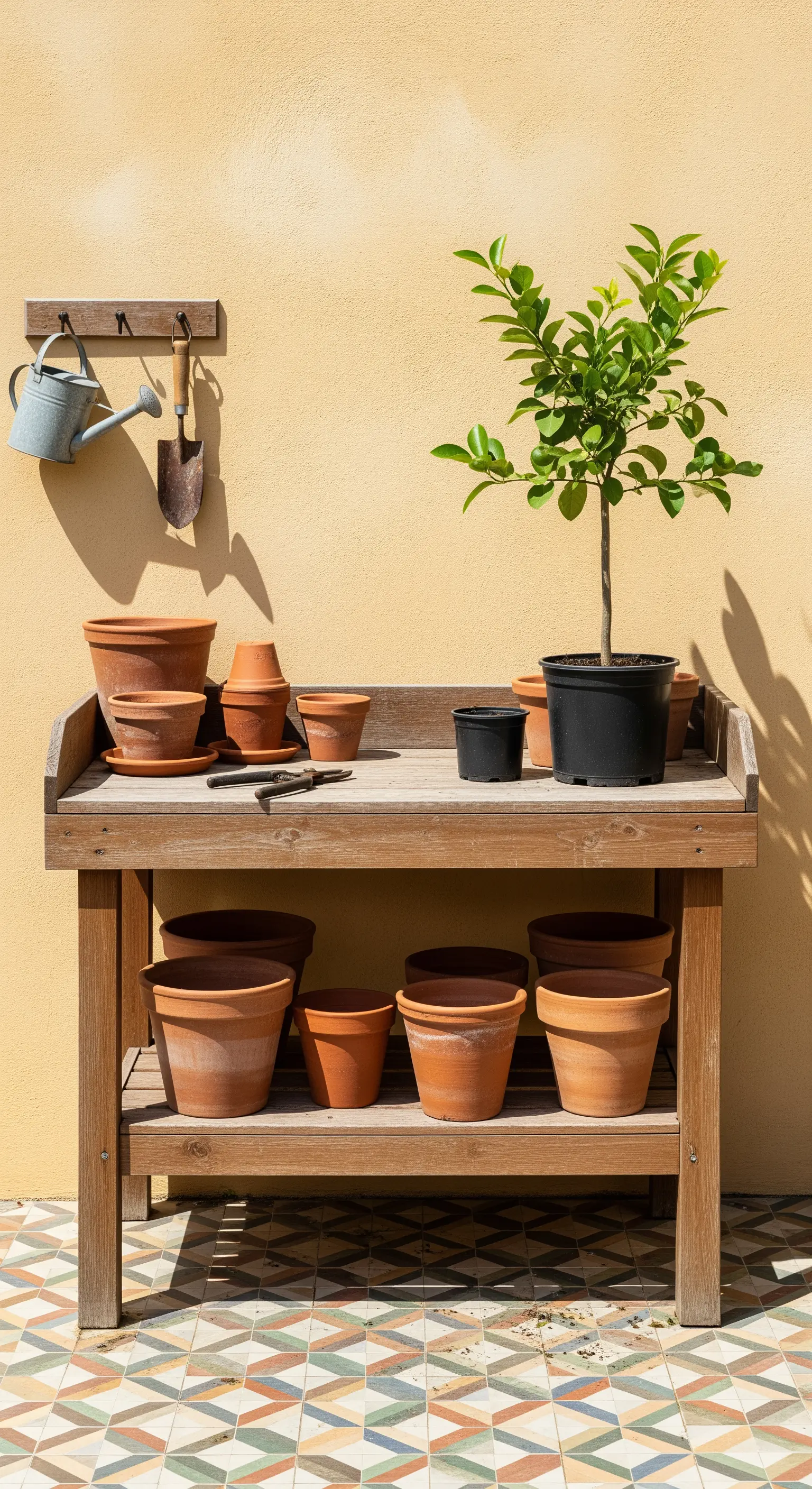 Banco da giardinaggio in legno con vasi di terracotta e attrezzi, su un pavimento a maioliche.