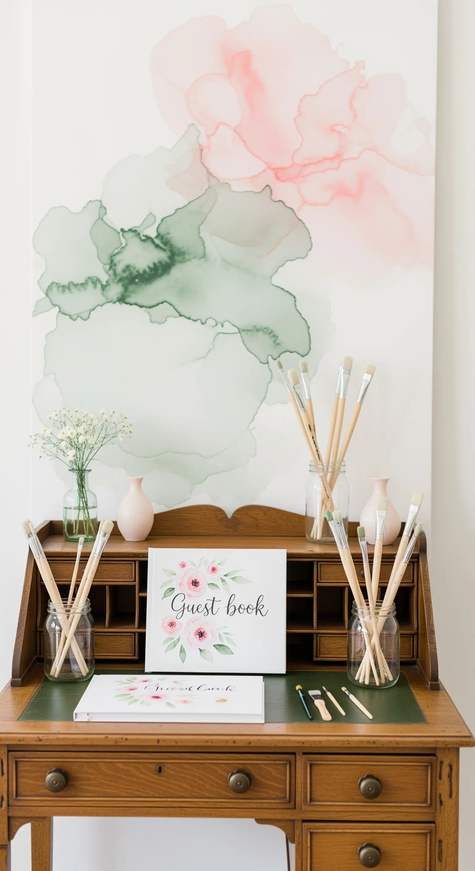 Angolo guest book con un grande dipinto ad acquerello e pennelli in barattoli di vetro.