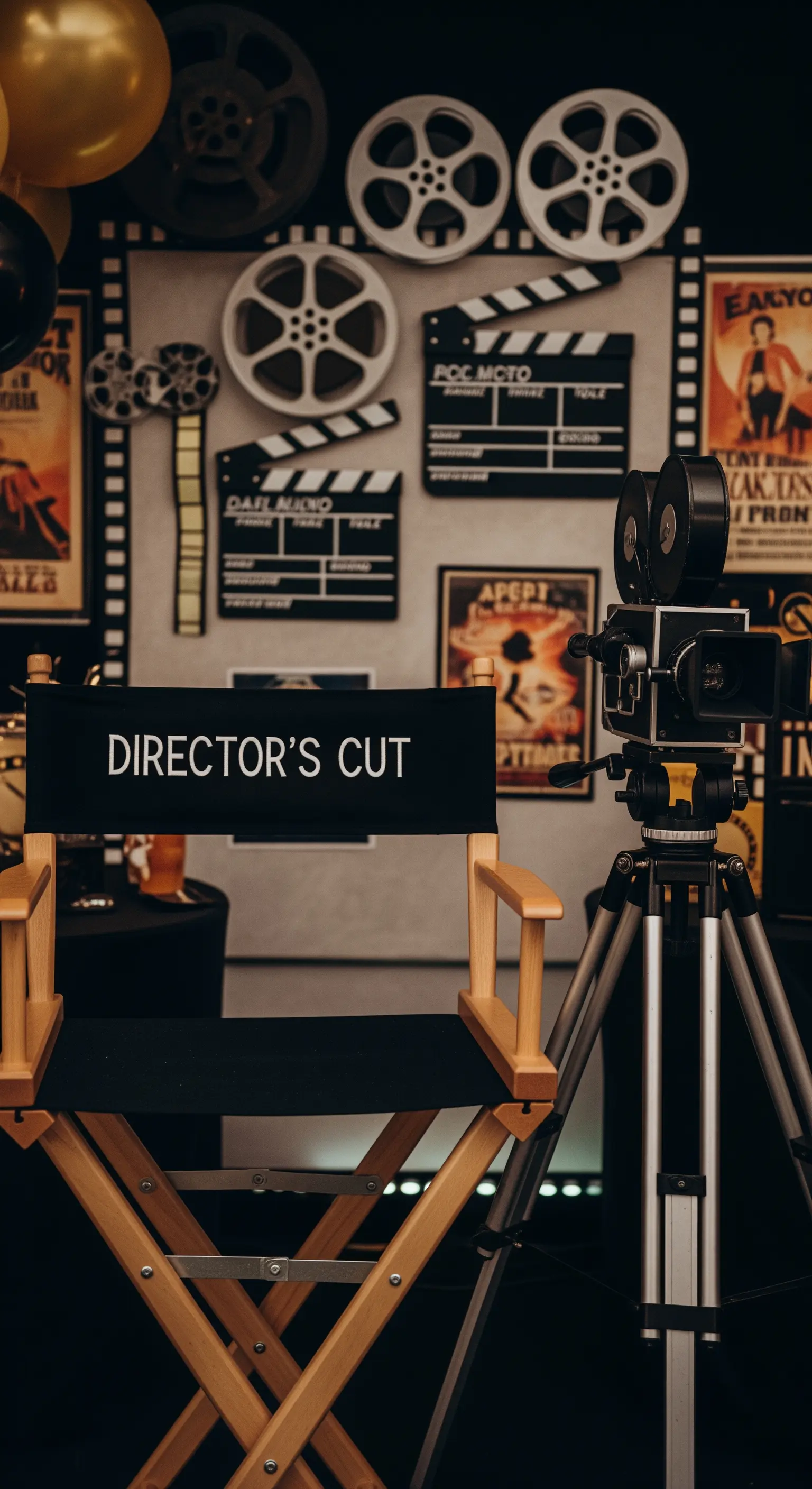 Angolo a tema cinema con sedia da regista, ciak e bobine cinematografiche.