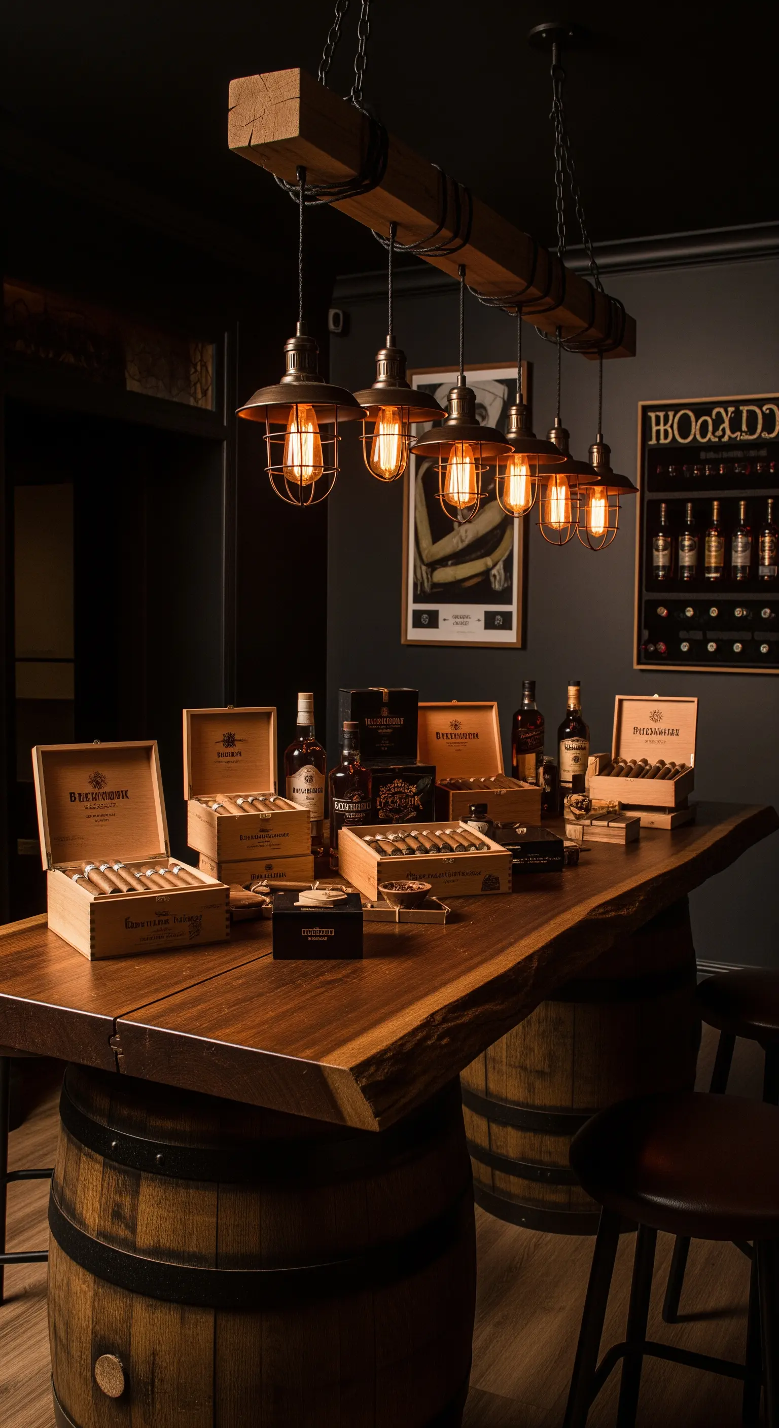 Angolo bar per sigari con botti di legno come tavoli e illuminazione industriale calda.