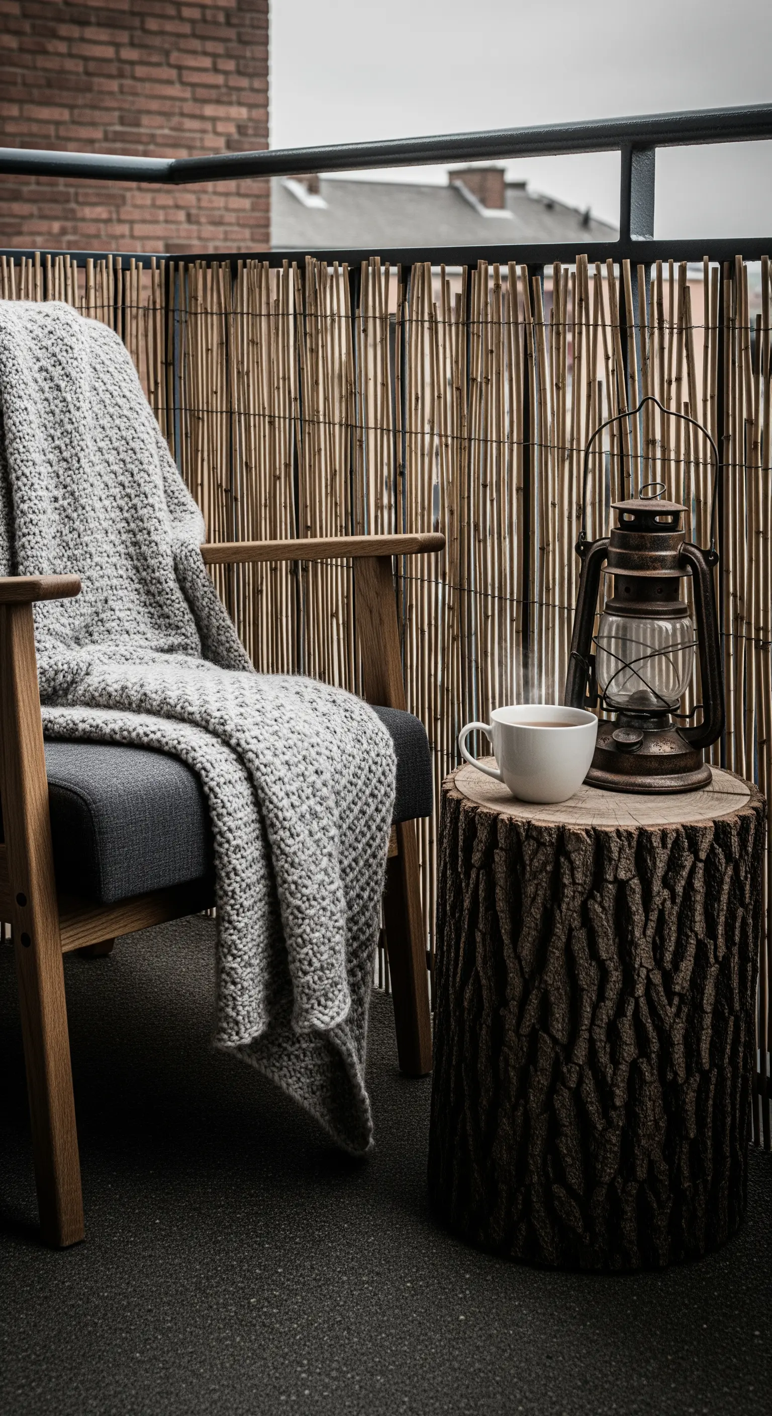 Angolo lettura su balcone con poltrona, coperta, tavolino a tronco e lanterna vintage.
