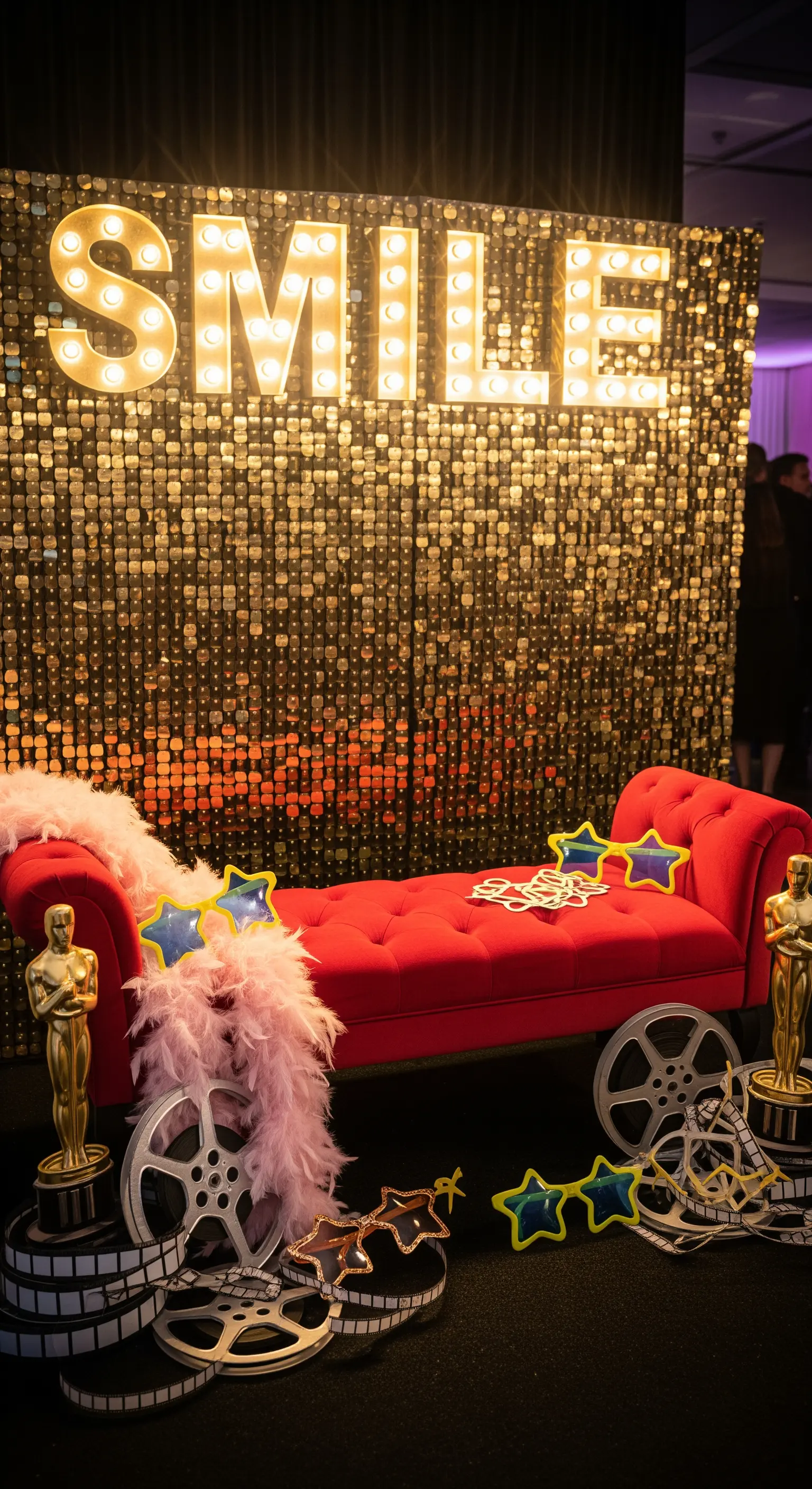 Photo booth con divanetto rosso, parete di paillettes dorate e insegna Smile.