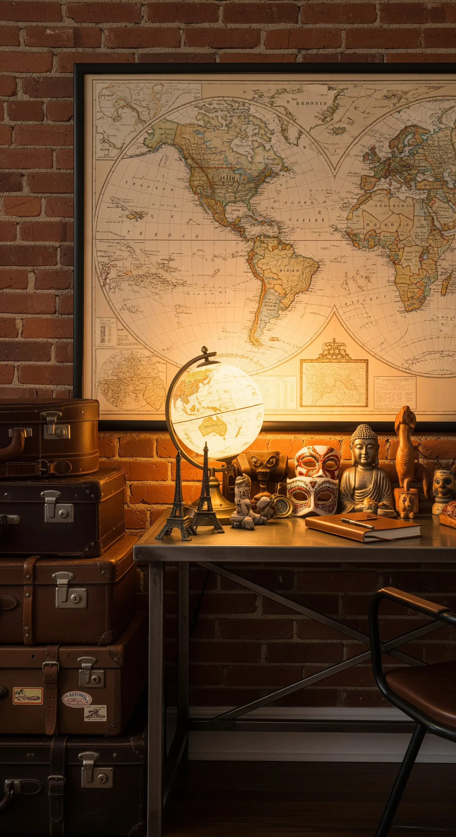 Angolo studio a tema viaggio con mappa del mondo, valigie vintage e mappamondo luminoso.