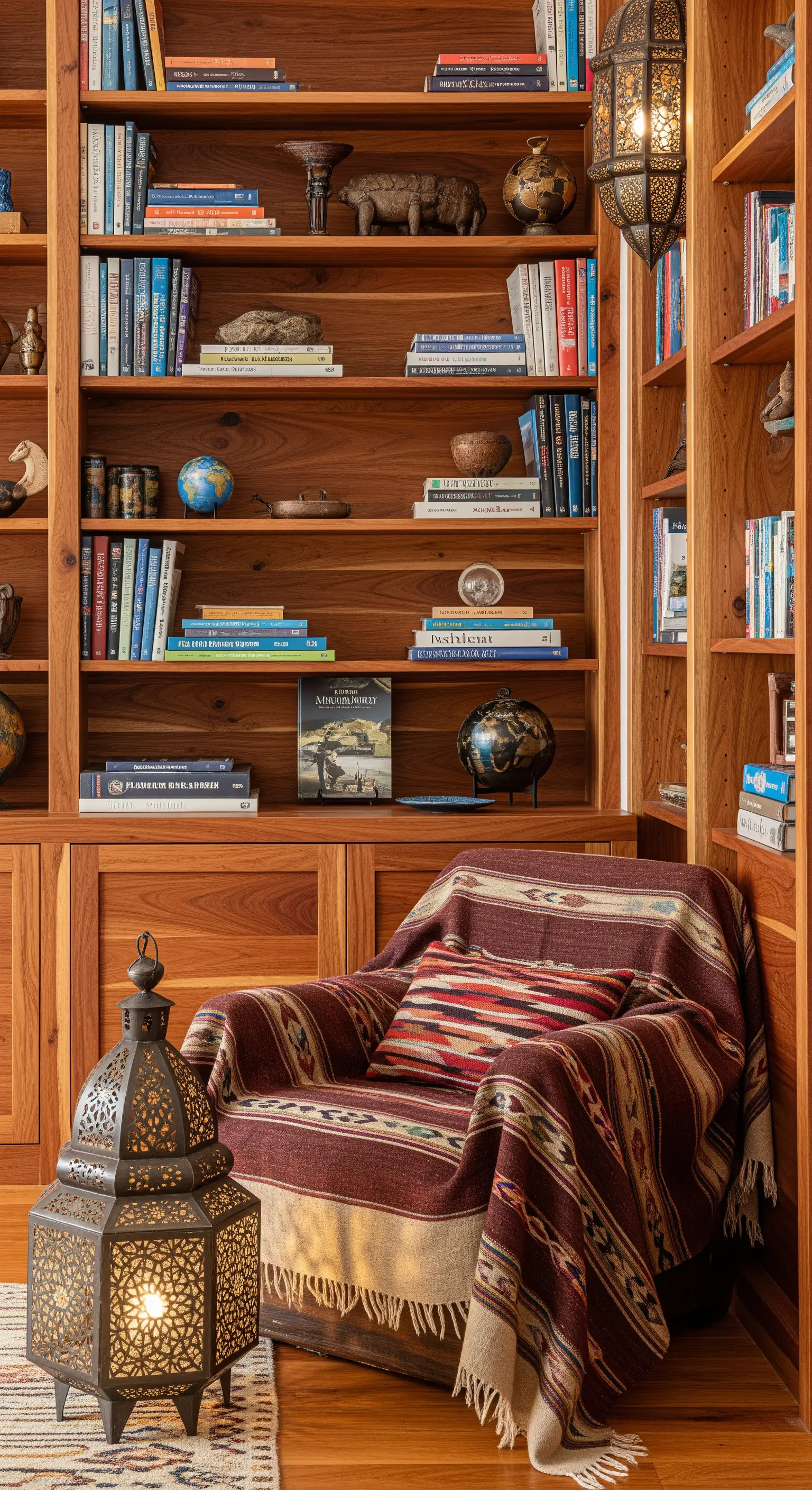 Libreria in legno piena di libri e souvenir di viaggio, con poltrona e lanterna marocchina.