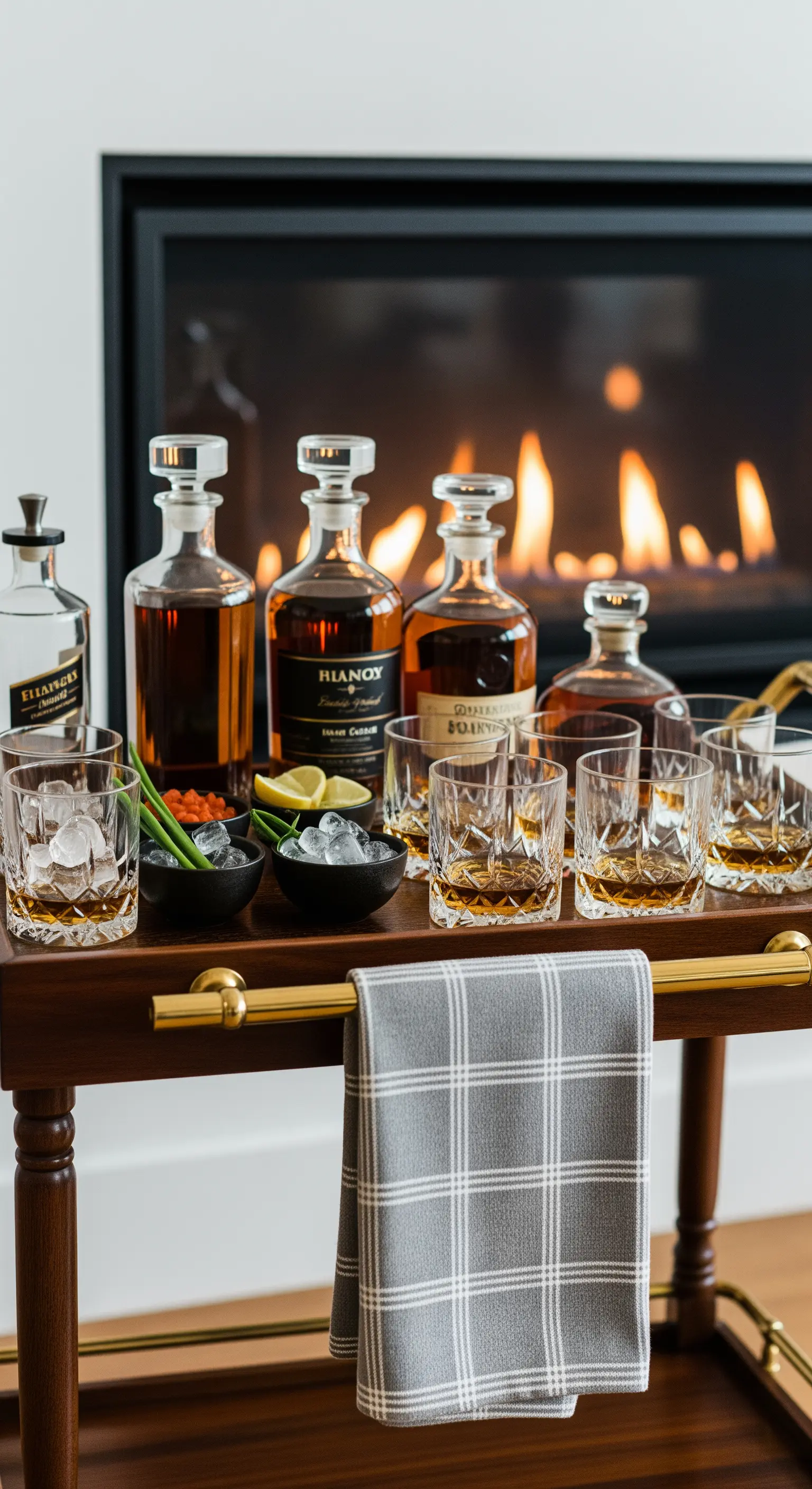 Carrello bar con bottiglie di whiskey e bicchieri di cristallo, vicino a un camino acceso.