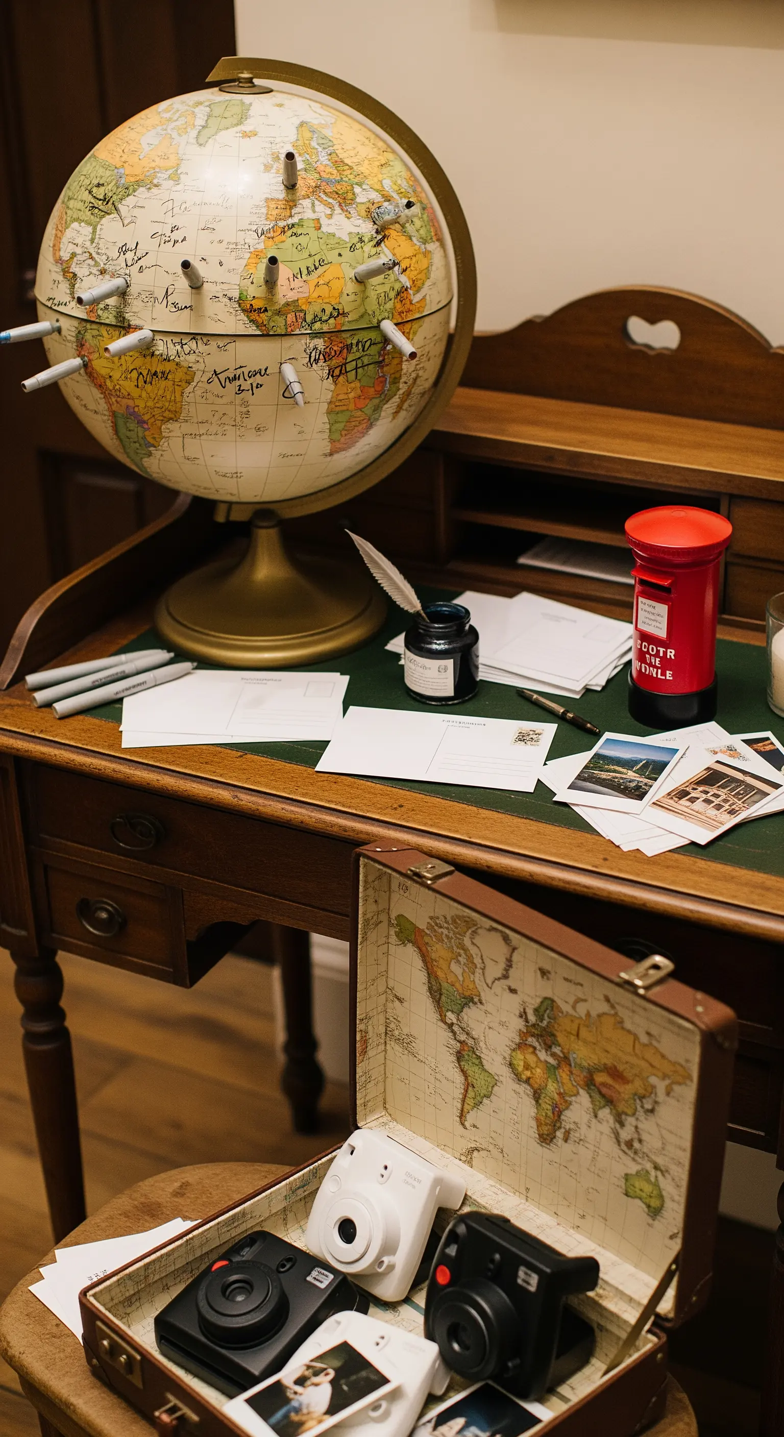 Scrivania vintage con mappamondo, cartoline e macchine fotografiche istantanee.