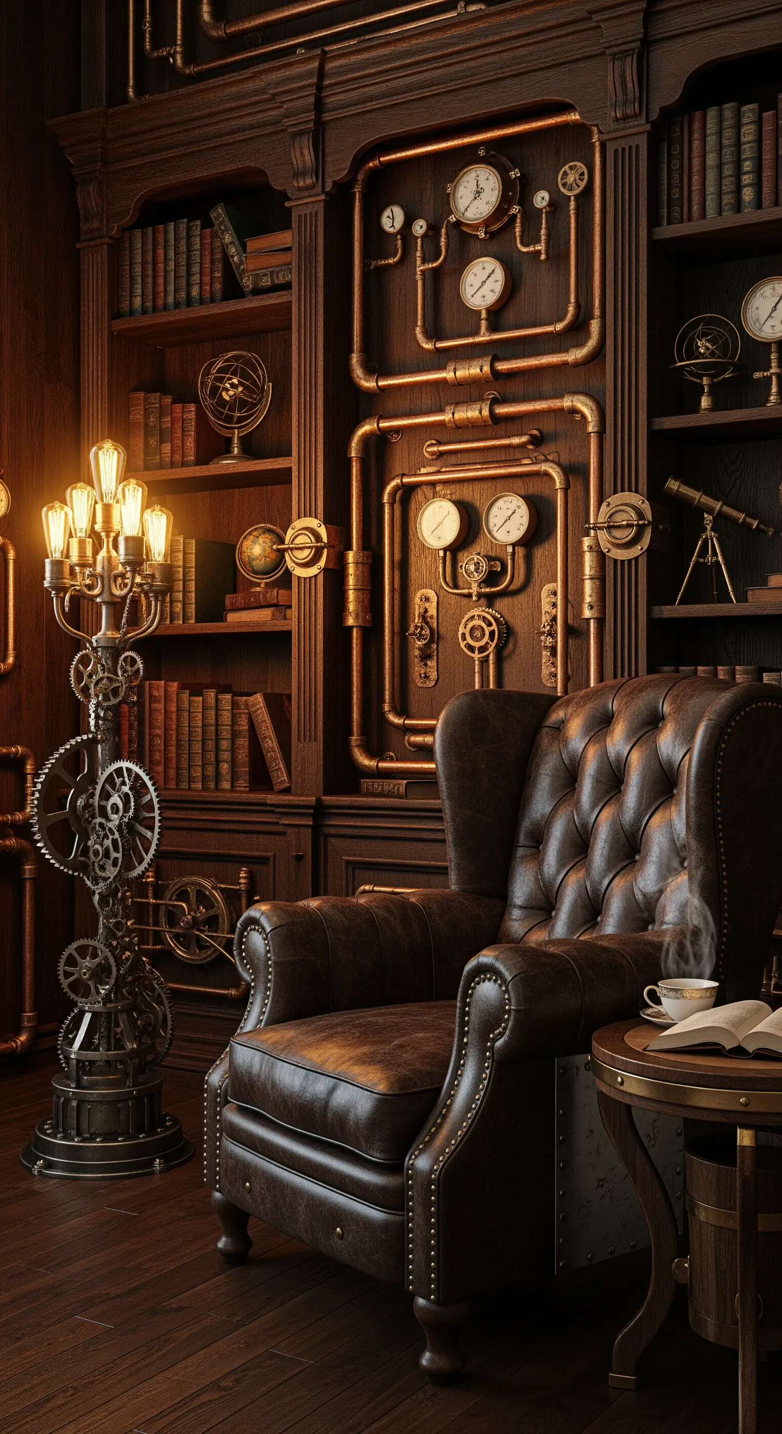 Libreria steampunk con tubi di rame, ingranaggi e poltrona Chesterfield in pelle.