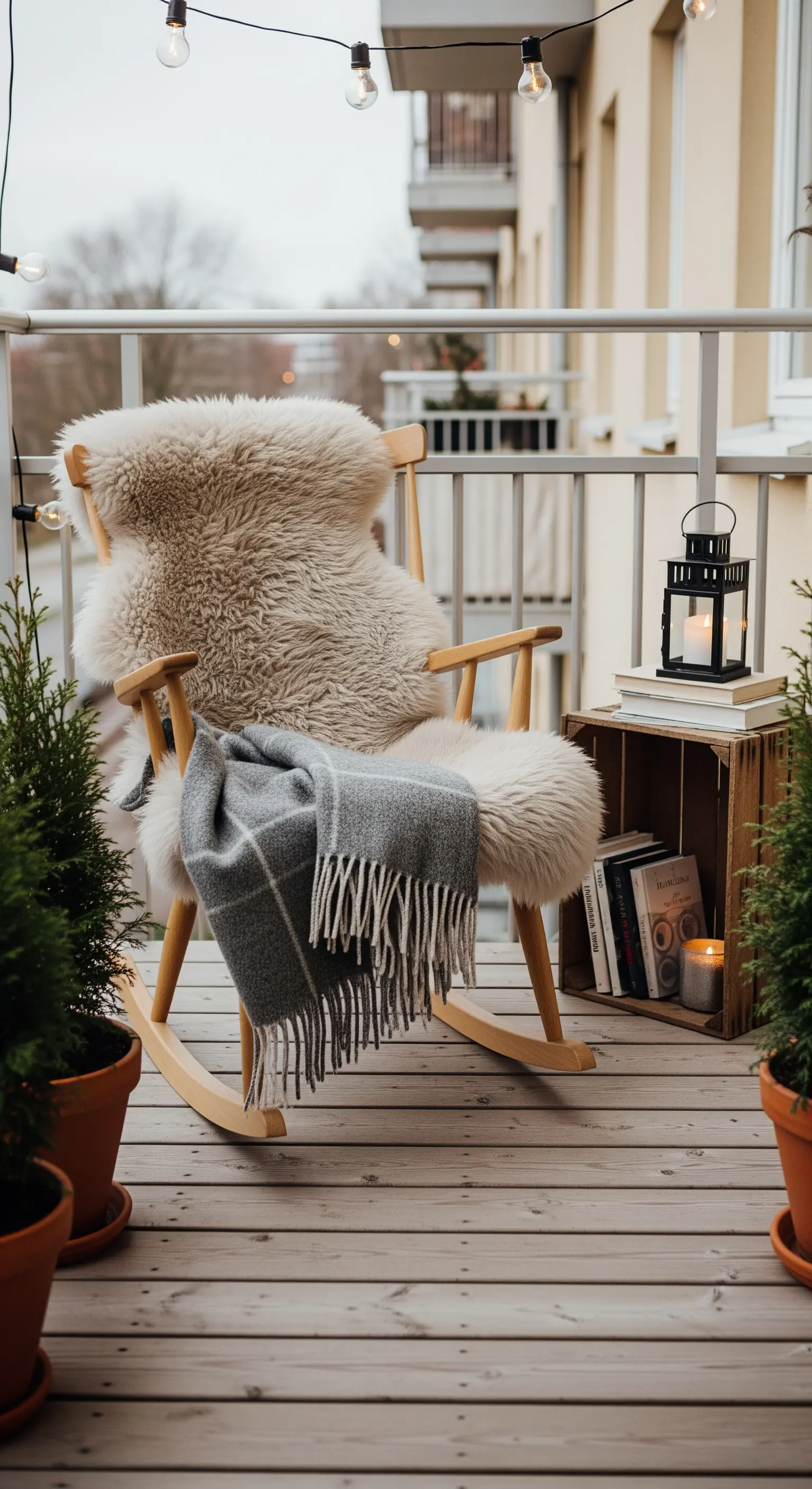 Sedia a dondolo in legno su un balcone, con pelle di pecora, plaid e una lanterna.