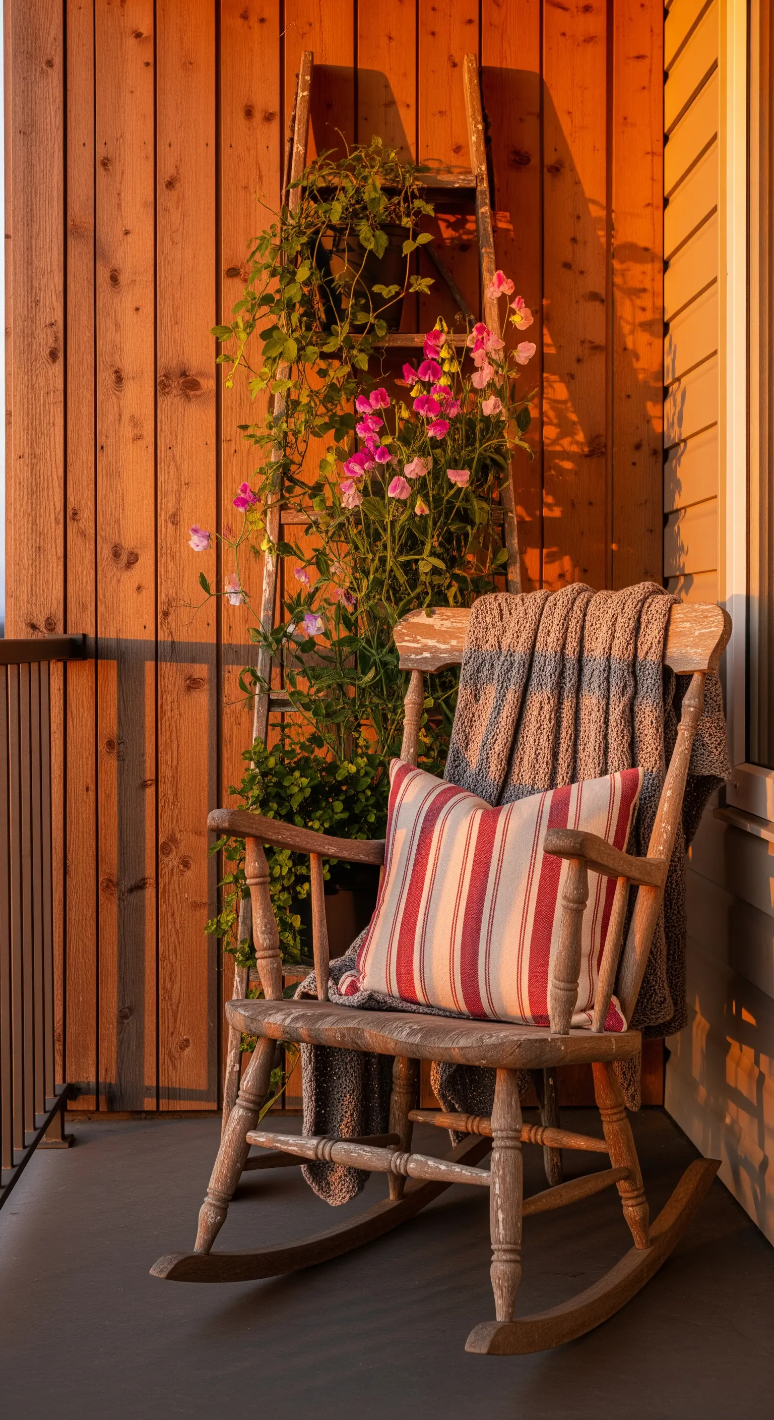 Sedia a dondolo in legno con cuscino a righe e una scala usata come supporto per piante.