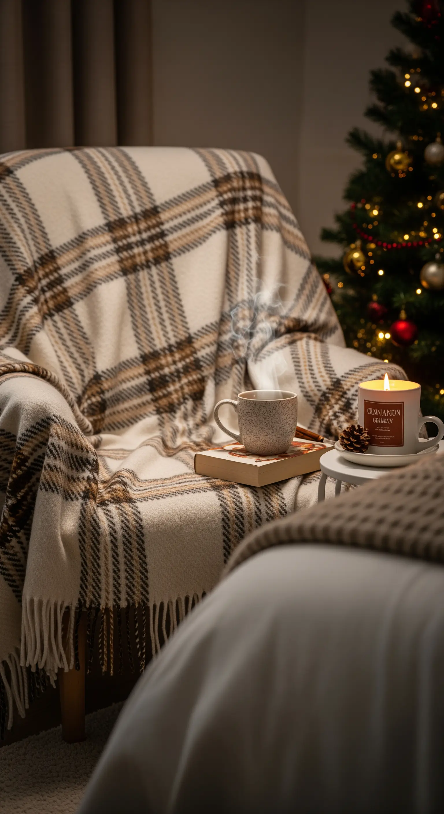 Poltrona avvolta in un plaid scozzese con accanto un libro, una tazza calda e una candela accesa.