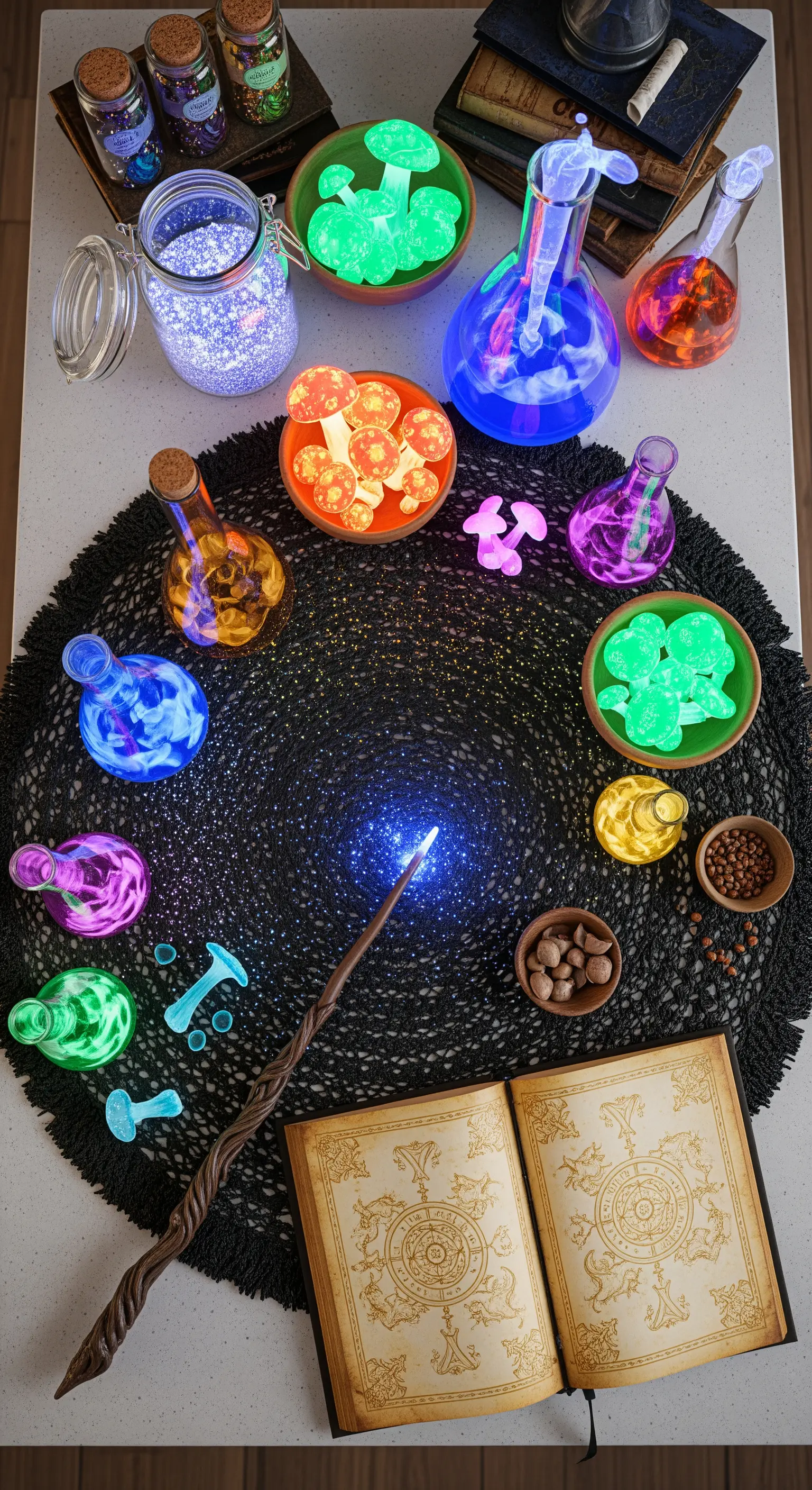 Pozioni magiche colorate e luminose disposte su un tavolo con un libro degli incantesimi.