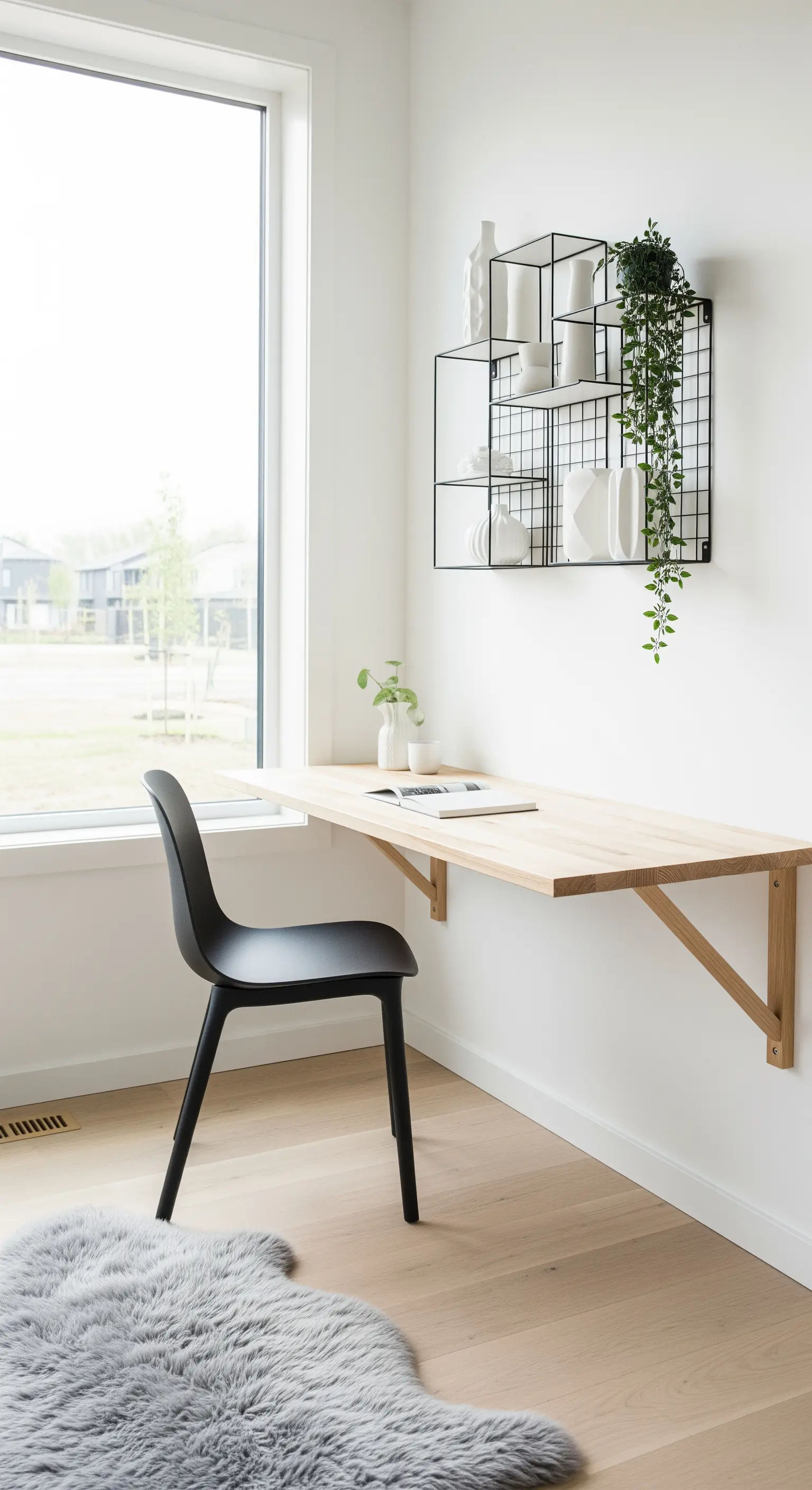 Scrivania sospesa in legno chiaro sotto una finestra, con mensola a griglia in metallo nero.