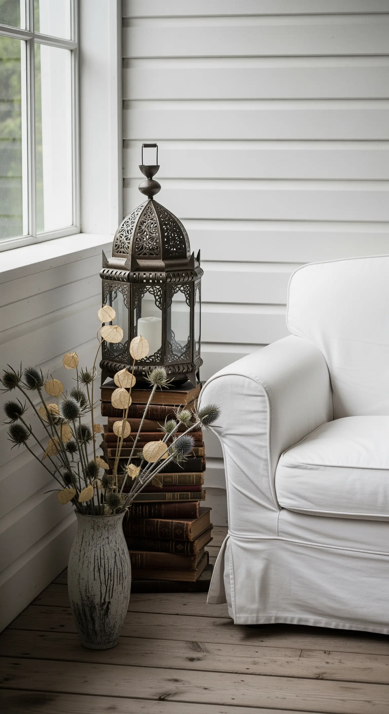 Angolo lettura in veranda con divano bianco, libri e lanterna in metallo intagliato.