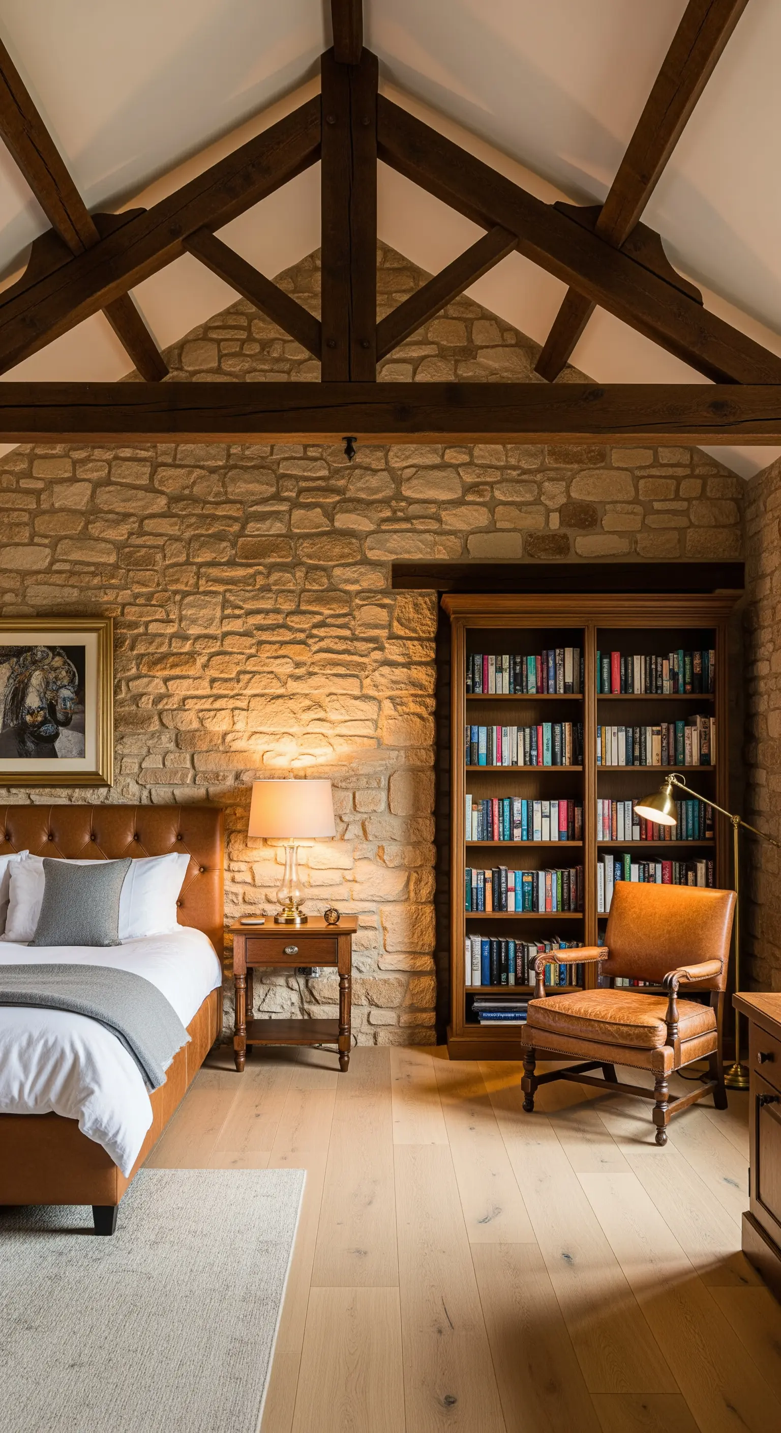 Angolo lettura in una camera da letto rustica con libreria in legno e poltrona in pelle.