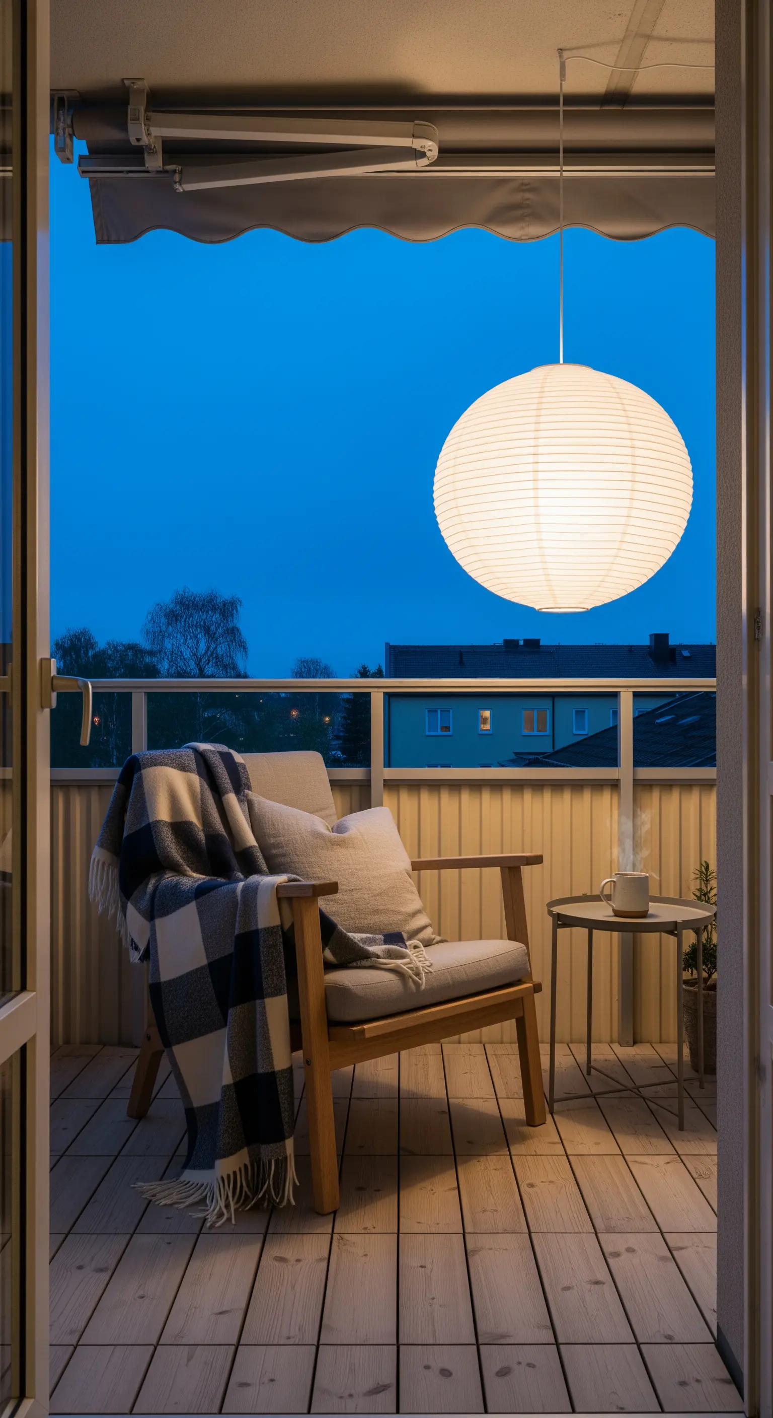Balcone scandinavo con poltrona in legno, plaid a quadri e una grande lanterna sferica sospesa.