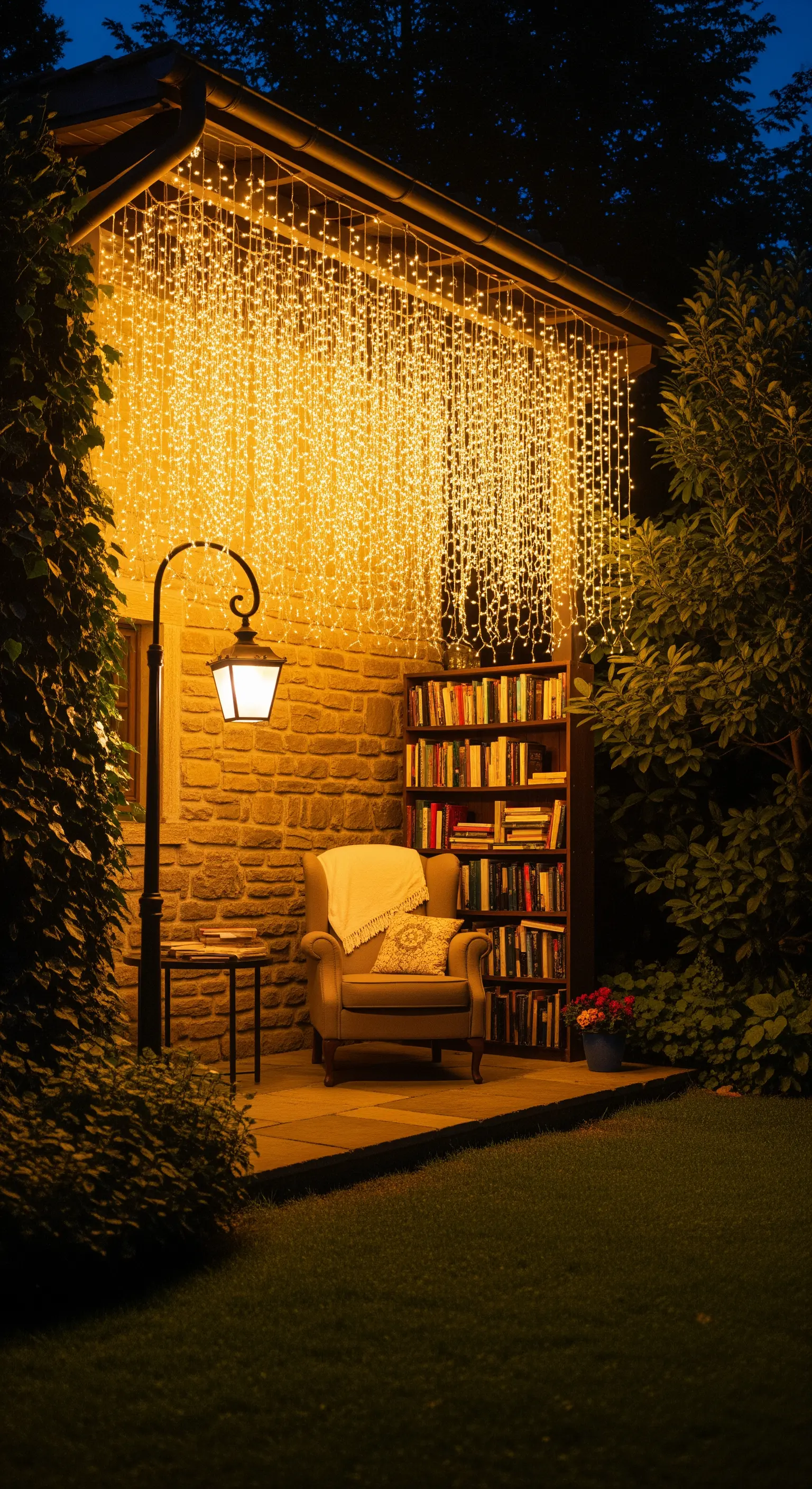 Angolo lettura esterno sotto una tettoia, con una poltrona, una libreria e una tenda di luci.